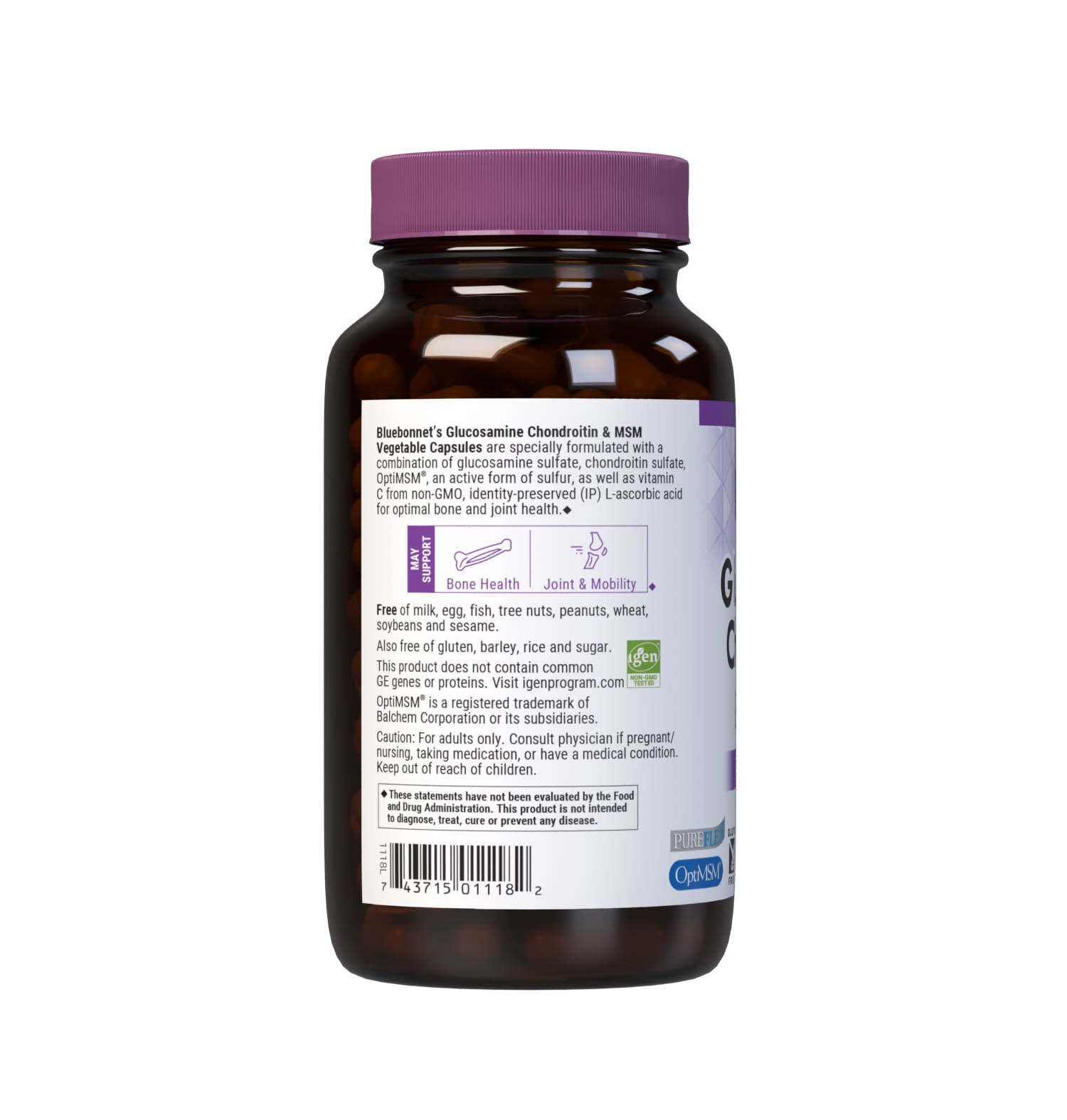 Bluebonnet’s Glucosamine Chondroitin Sulfate & MSM 120 Vegetable Capsules are specially formulated with a combination of glucosamine sulfate, chondroitin sulfate, OptiMSM an active form of sulfur, as well as vitamin C from Identity-Preserved (IP) L-ascorbic acid for optimal joint health. Description panel. #size_120 count