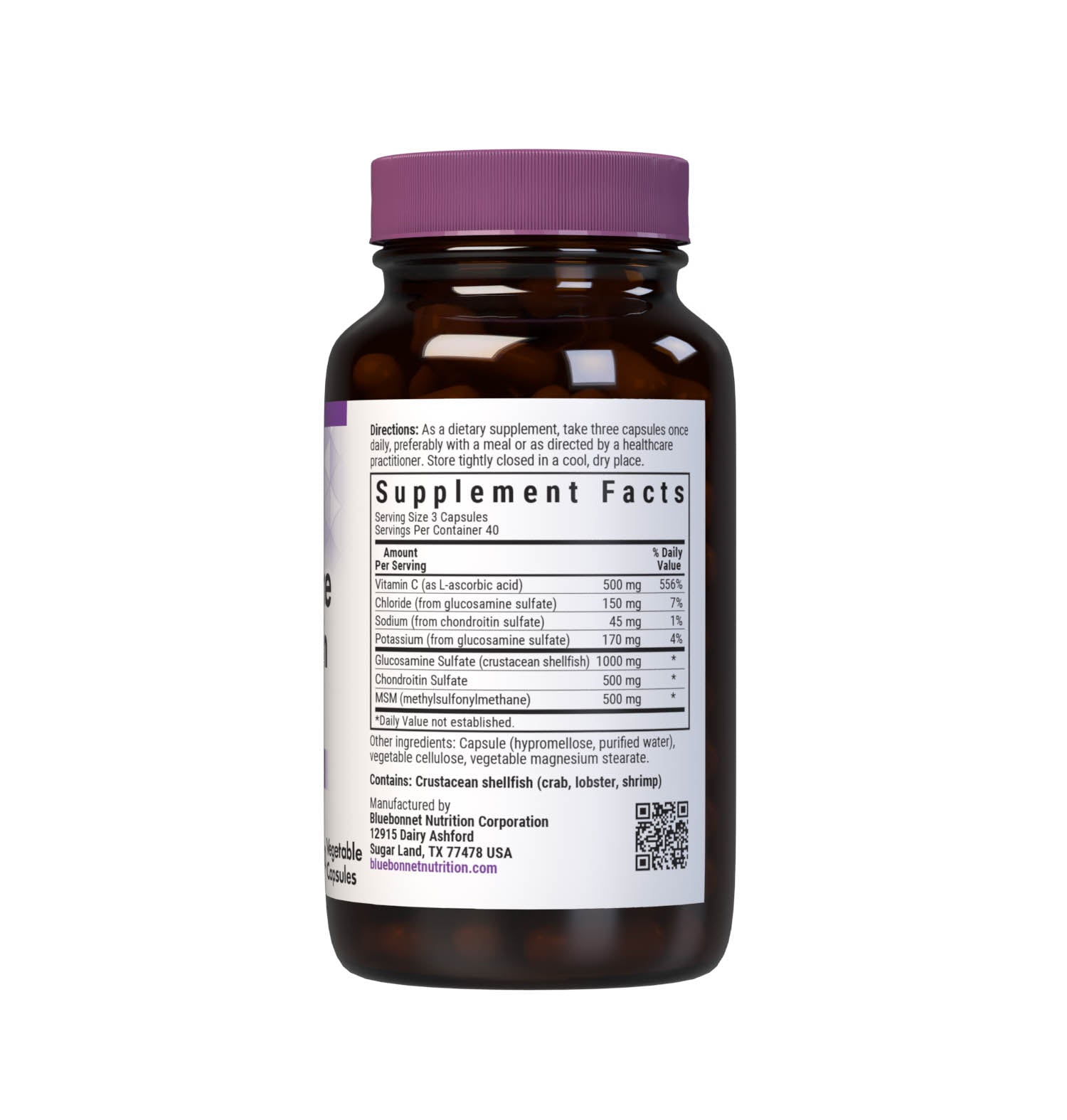 Bluebonnet’s Glucosamine Chondroitin Sulfate & MSM 120 Vegetable Capsules are specially formulated with a combination of glucosamine sulfate, chondroitin sulfate, OptiMSM an active form of sulfur, as well as vitamin C from Identity-Preserved (IP) L-ascorbic acid for optimal joint health. Supplement facts panel. #size_120 count