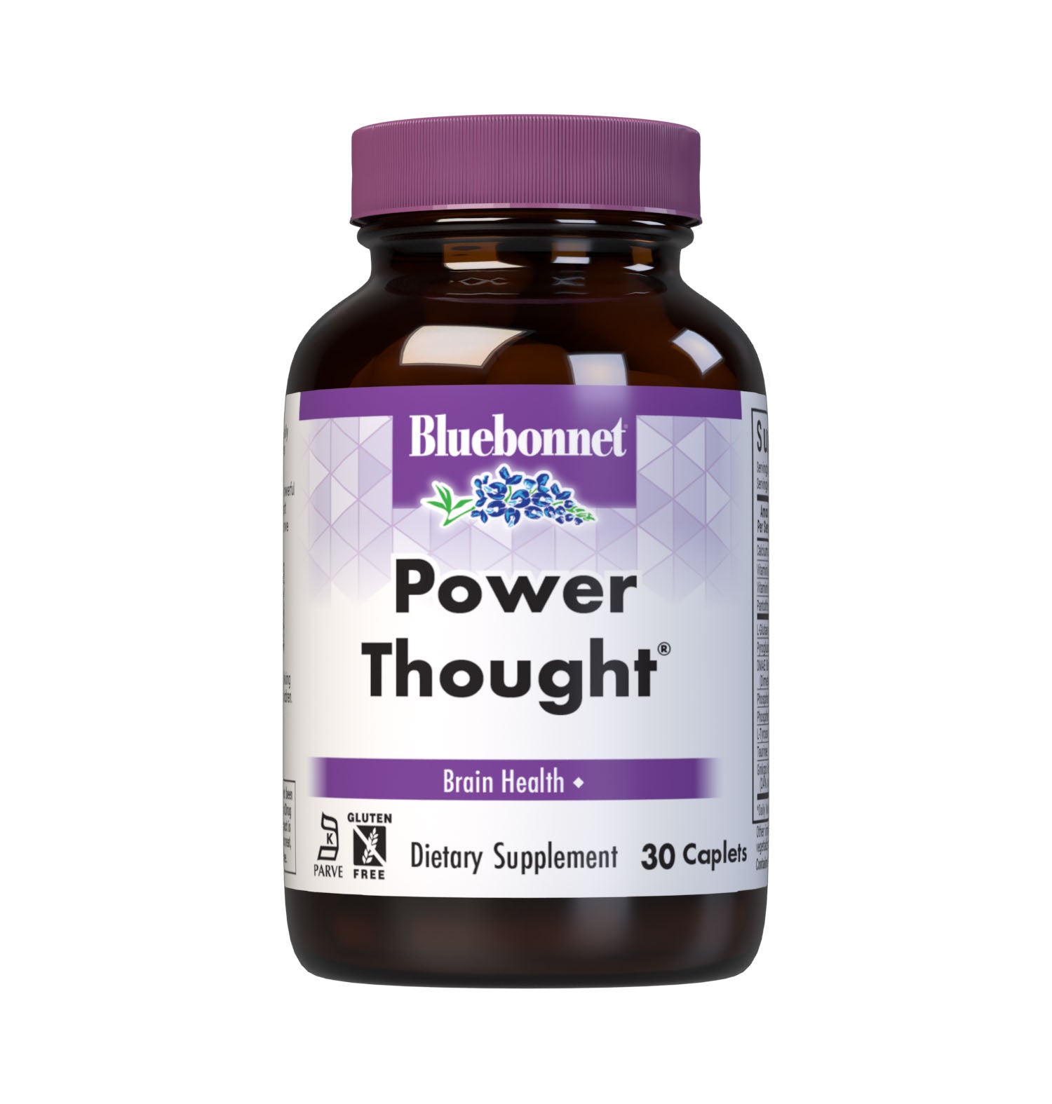 Bluebonnet’s Power Thought 30 Caplets are scientifically formulated with a powerful spectrum of highly advanced cognitive-enhancing nutrients, including sustainably-sourced botanicals, DMAE, phosphatidylserine and phosphatidylcholine, for optimal brain health. This complementary blend works to facilitate the communication between nerve cells, thereby enhancing the brain's ability to process, retain, and retrieve information for healthy cognitive function. #size_30 count