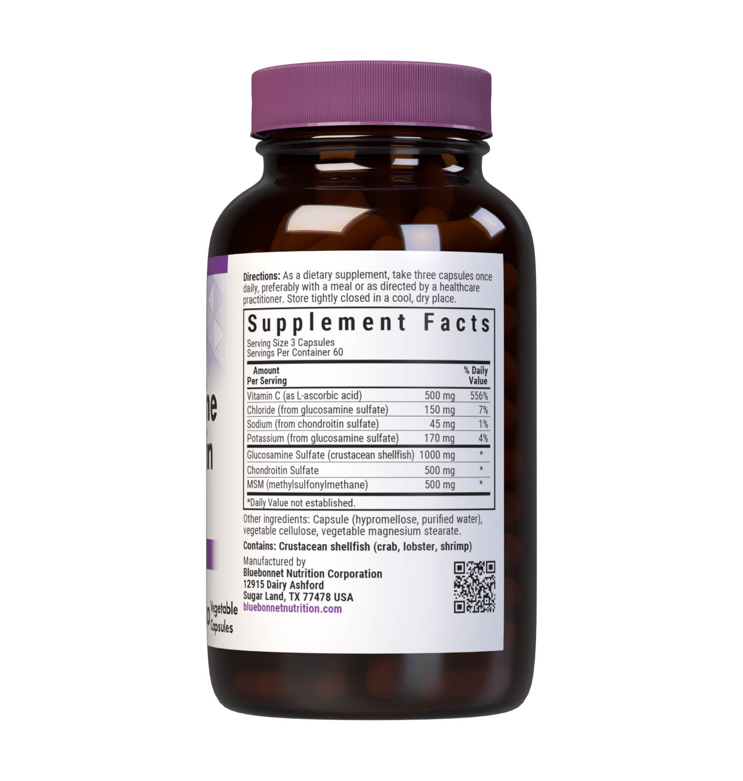 Bluebonnet’s Glucosamine Chondroitin Sulfate & MSM 180 Vegetable Capsules are specially formulated with a combination of glucosamine sulfate, chondroitin sulfate, OptiMSM an active form of sulfur, as well as vitamin C from Identity-Preserved (IP) L-ascorbic acid for optimal joint health. Supplement facts panel. #size_180 count