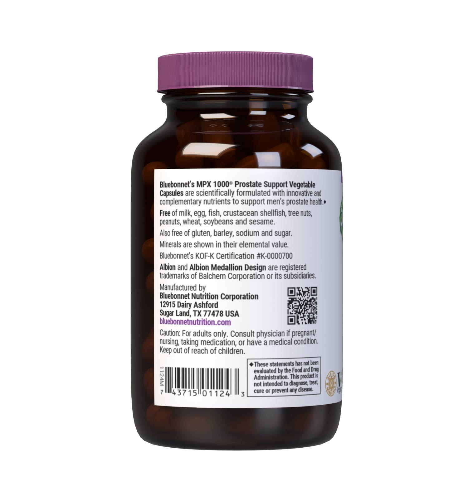 Bluebonnet’s MPX 1000 Prostate Support 60 Vegetable Capsules are scientifically formulated with innovative and complementary nutrients to support men’s prostate health, such as standardized saw palmetto berry, green tea leaf and stinging nettle root extracts, plus beta-sitosterol, pumpkin and flax seed powders with vitamin B6 and the coveted 10:1 ratio of zinc and copper in more bioavailable amino acid chelate forms. Description panel. #size_60 count