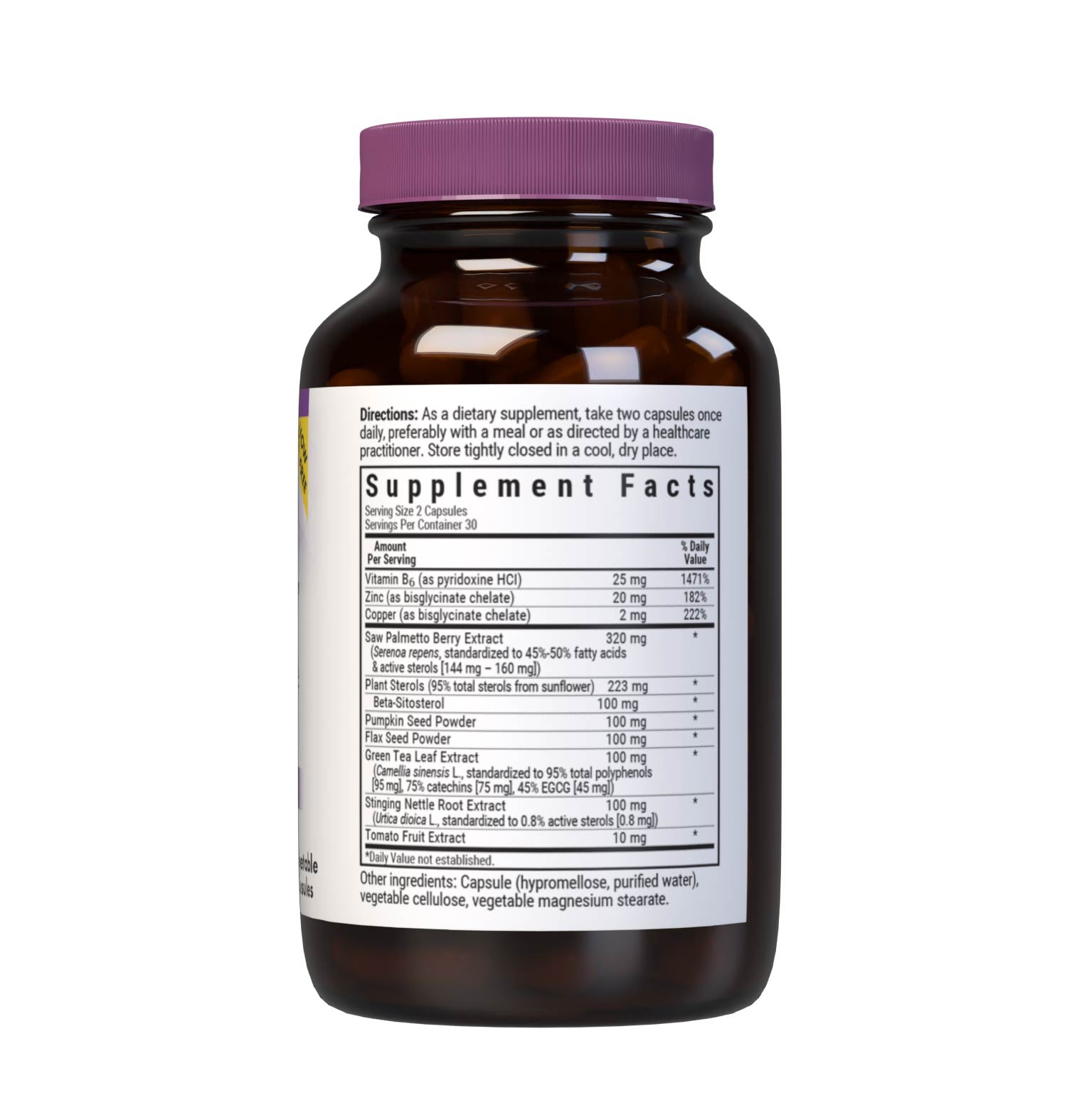 Bluebonnet’s MPX 1000 Prostate Support 60 Vegetable Capsules are scientifically formulated with innovative and complementary nutrients to support men’s prostate health, such as standardized saw palmetto berry, green tea leaf and stinging nettle root extracts, plus beta-sitosterol, pumpkin and flax seed powders with vitamin B6 and the coveted 10:1 ratio of zinc and copper in more bioavailable amino acid chelate forms. Supplement facts panel. #size_60 count