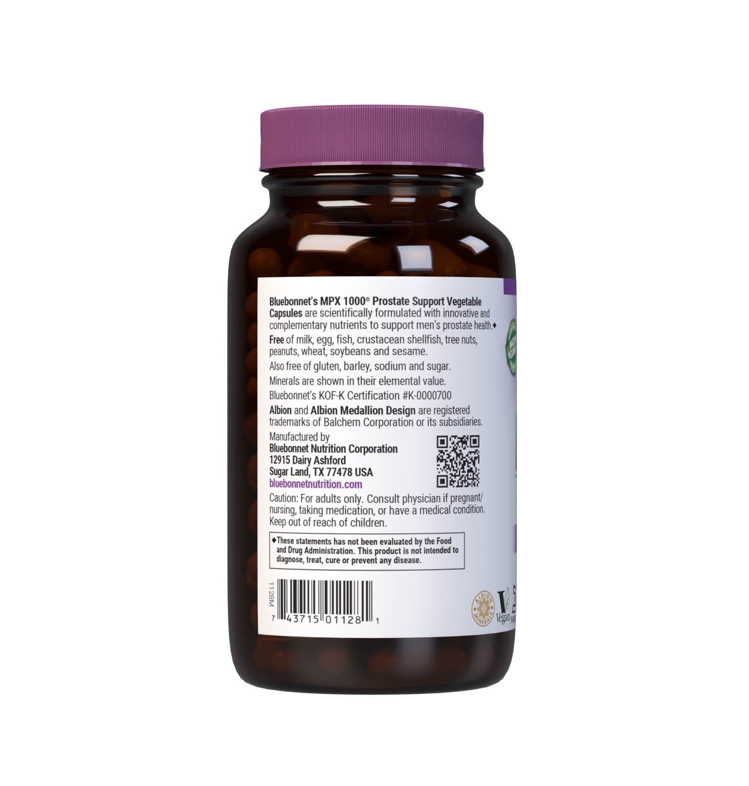 Bluebonnet’s MPX 1000 Prostate Support 120 Vegetable Capsules are scientifically formulated with innovative and complementary nutrients to support men’s prostate health, such as standardized saw palmetto berry, green tea leaf and stinging nettle root extracts, plus beta-sitosterol, pumpkin and flax seed powders with vitamin B6 and the coveted 10:1 ratio of zinc and copper in more bioavailable amino acid chelate forms. Description panel. #size_120 count