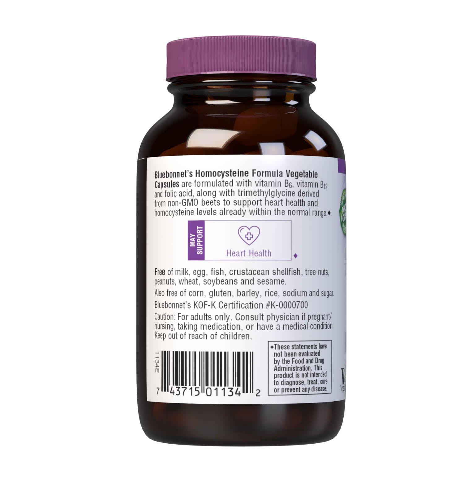 Bluebonnet’s Homocysteine Formula 60 Vegetable Capsules are formulated with vitamin B6, vitamin B12 and folic acid, along with trimethylglycine derived from non-GMO beets to support heart health and homocysteine levels already within the normal range. Description panel. #size_60 count