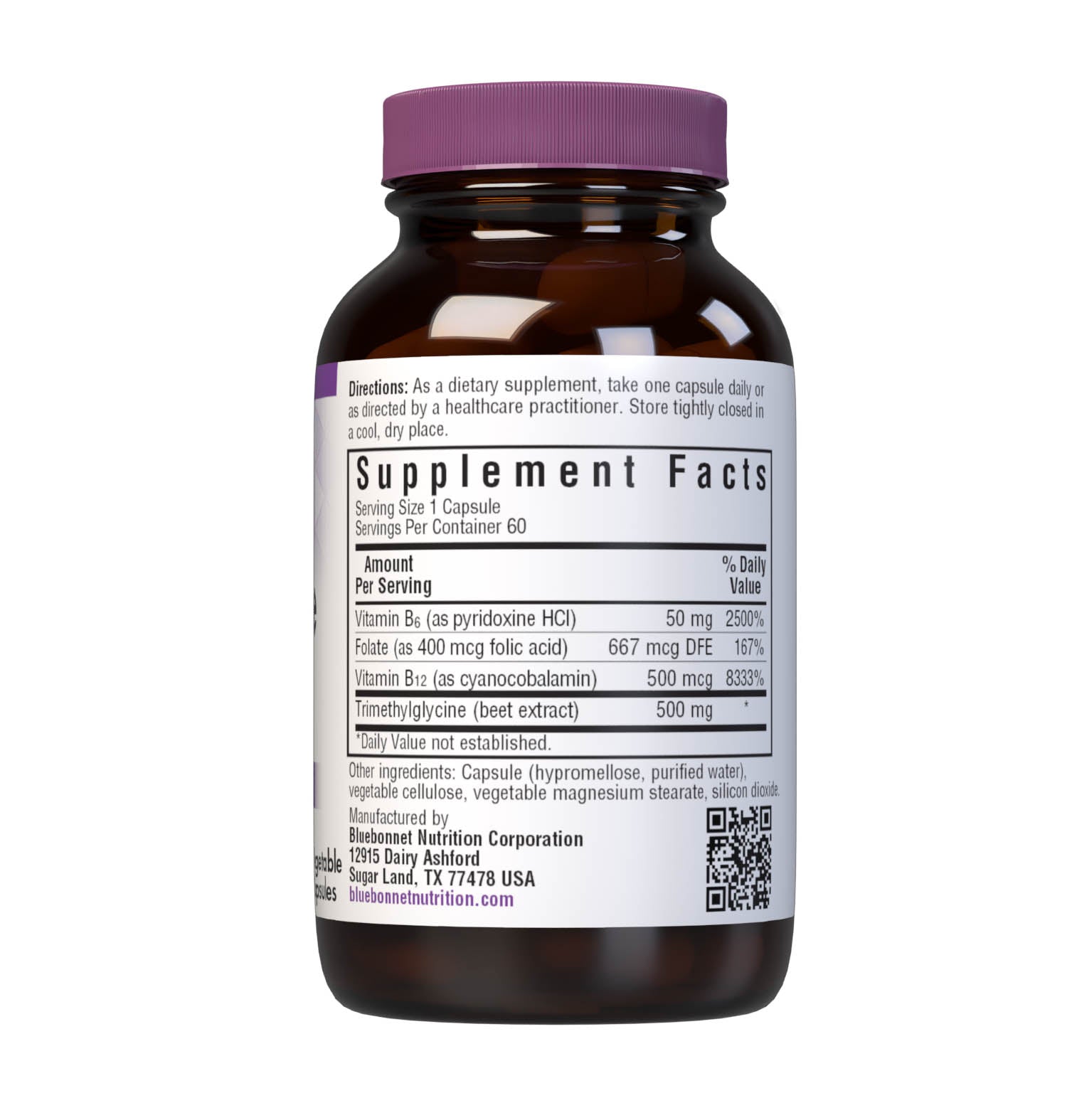 Bluebonnet’s Homocysteine Formula 60 Vegetable Capsules are formulated with vitamin B6, vitamin B12 and folic acid, along with trimethylglycine derived from non-GMO beets to support heart health and homocysteine levels already within the normal range. Supplement facts panel. #size_60 count