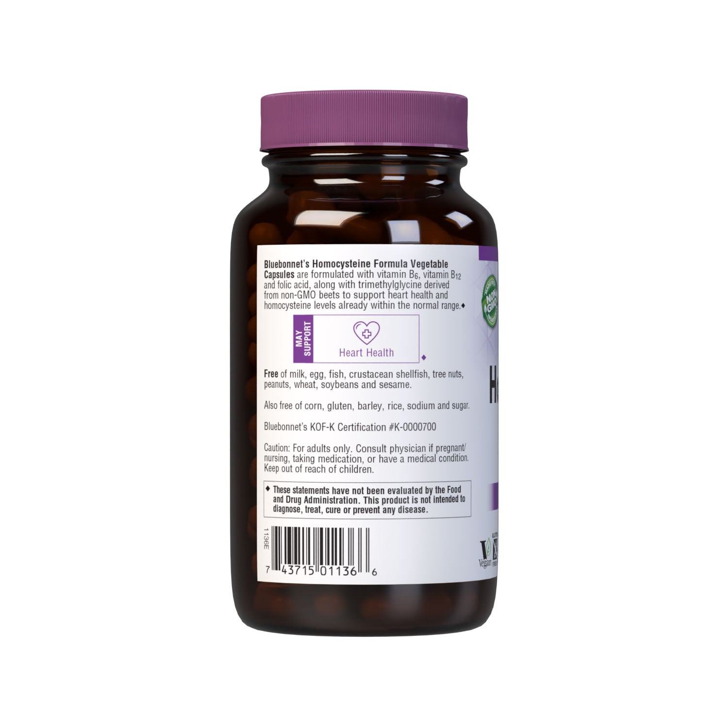 Bluebonnet’s Homocysteine Formula 120 Vegetable Capsules are formulated with vitamin B6, vitamin B12 and folic acid, along with trimethylglycine derived from non-GMO beets to support heart health and homocysteine levels already within the normal range. Description panel. #size_120 count
