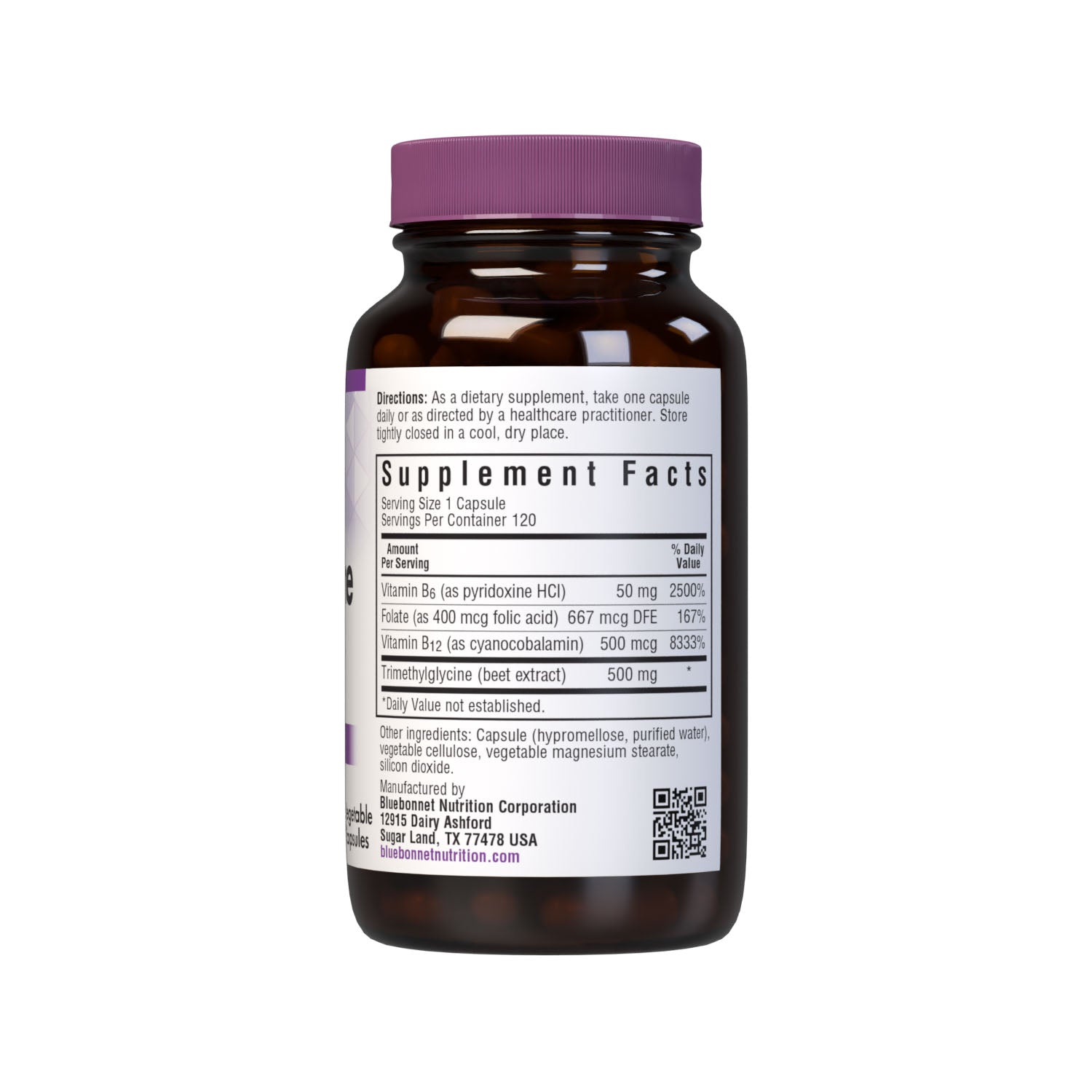 Bluebonnet’s Homocysteine Formula 120 Vegetable Capsules are formulated with vitamin B6, vitamin B12 and folic acid, along with trimethylglycine derived from non-GMO beets to support heart health and homocysteine levels already within the normal range. Supplement facts panel. #size_120 count