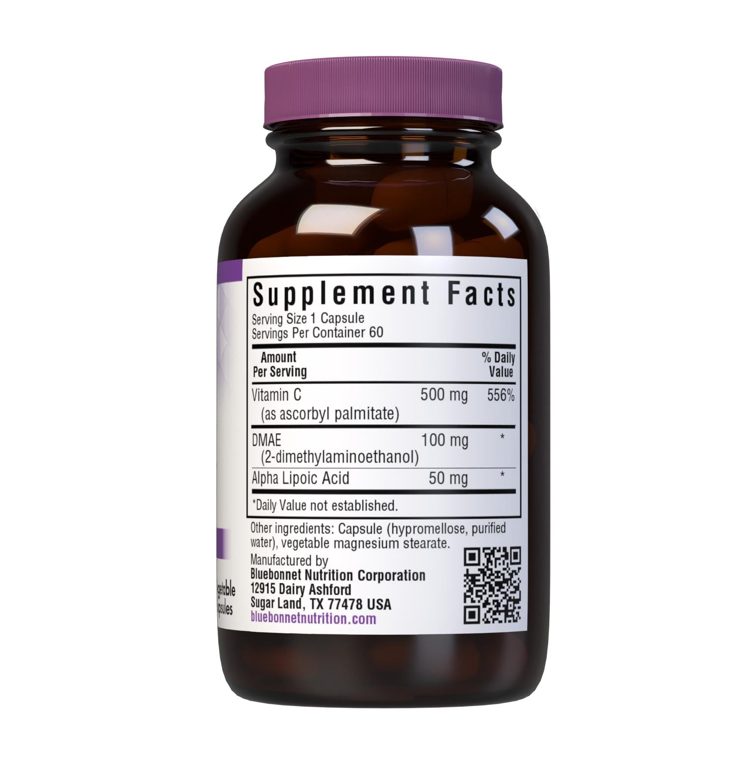 Bluebonnet’s Age-Less Skin Formula 60 Vegetable Capsules are formulated with a combination of vitamin C from ascorbyl palmitate, DMAE and alpha lipoic acid to help support skin health by boosting collagen production. Supplement facts panel. #size_60 count