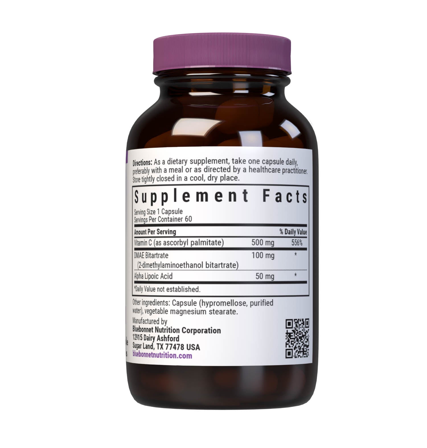 Bluebonnet’s Age-Less Skin Formula 60 Vegetable Capsules are formulated with a combination of vitamin C from ascorbyl palmitate, DMAE and alpha lipoic acid to help support skin health by boosting collagen production. Supplement facts panel. #size_60 count