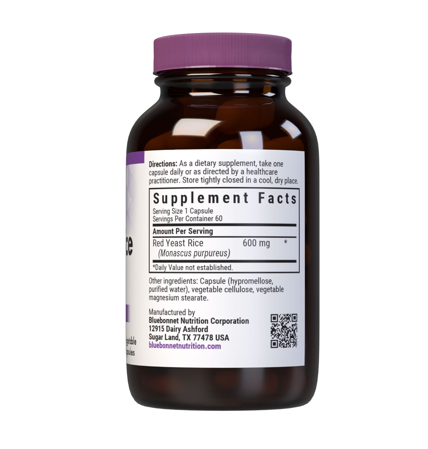 Bluebonnet’s Red Yeast Rice 600 mg 60 Vegetable Capsules are formulated with red yeast rice, which is the product of rice fermentation with various strains of the yeast, Monascus purpureus. Red yeast rice may help to maintain cholesterol levels that are already within the normal range. Supplement facts panel. #size_60 count