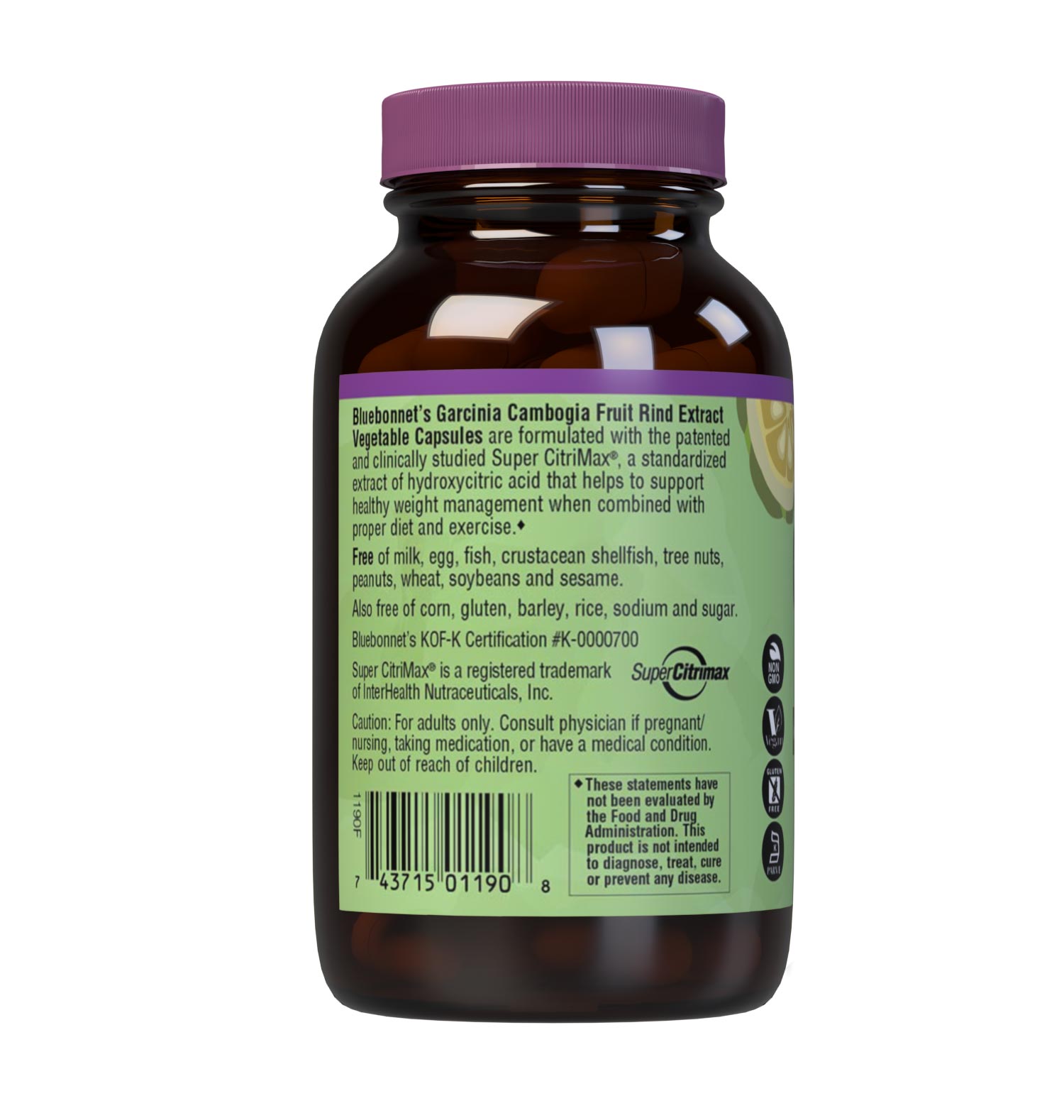 Bluebonnet’s Super Fruit Garcinia Cambogia Fruit Rind Extract 60 Vegetable Capsules are formulated with a patented Garcinia cambogia extract, known as Super CitriMax, that is standardized for 60% hydroxycitric acid (HCA). When combined with proper diet and exercise, HCA may support healthy weight management by inhibiting fat production, burning fat, and curbing appetite. Description panel. #size_60 count