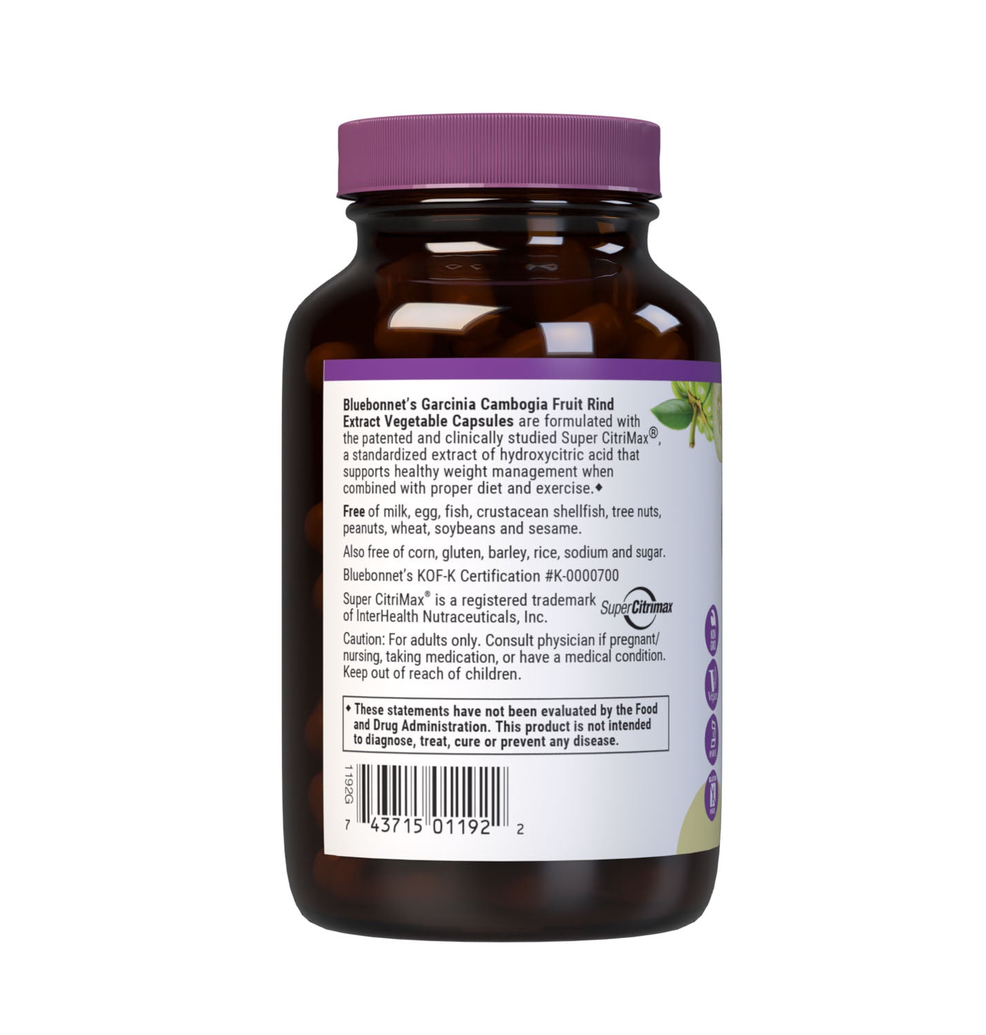 Bluebonnet’s Super Fruit Garcinia Cambogia Fruit Rind Extract 90 Vegetable Capsules are formulated with a patented Garcinia cambogia extract, known as Super CitriMax, that is standardized for 60% hydroxycitric acid (HCA). When combined with proper diet and exercise, HCA may support healthy weight management by inhibiting fat production, burning fat, and curbing appetite. Description panel. #size_90 count