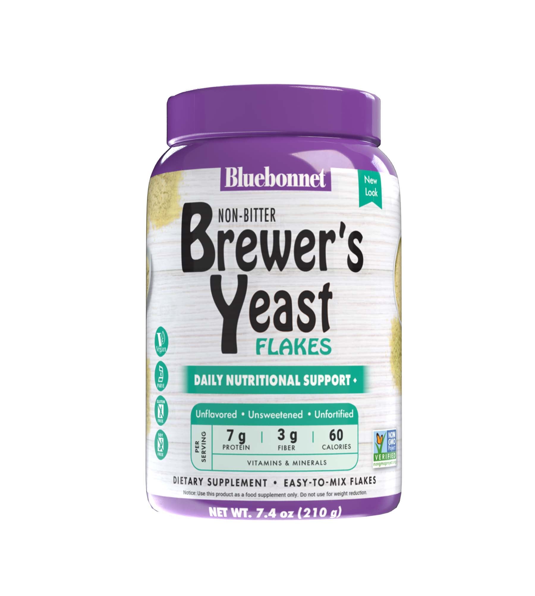 Bluebonnet’s Brewer's Yeast Flakes is formulated with a select strain of Saccharomyces cerevisiae that is grown on certified non-GMO sugar beet molasses instead of the typical grain-derived brewer’s yeast that is recovered from the beer-brewing process. Premium brewer’s yeast provides a toasted, non-bitter, savory flavor without any artificial sweeteners, colors, or flavors and can be incorporated into any recipe to improve texture and nutritional value. #size_7.4 oz