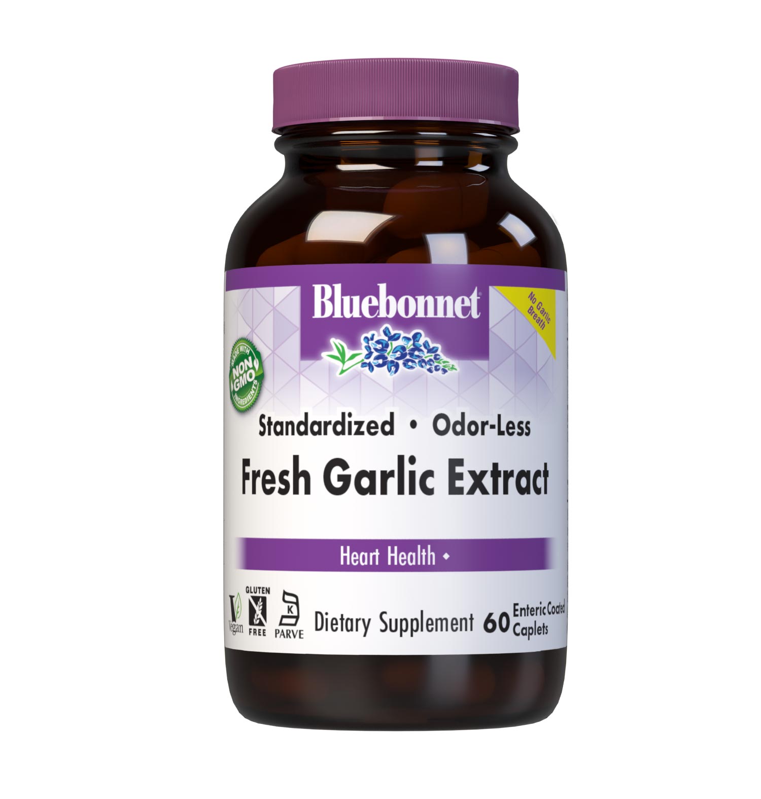 Bluebonnet’s Standardized Odor-Less Fresh Garlic Extract 60 Enteric Coated Caplets are formulated with fresh garlic extract from non-GMO garlic bulb and are standardized to yield allicin and allicin precursors, which are converted to allicin when ingested to support heart health. #size_60 count