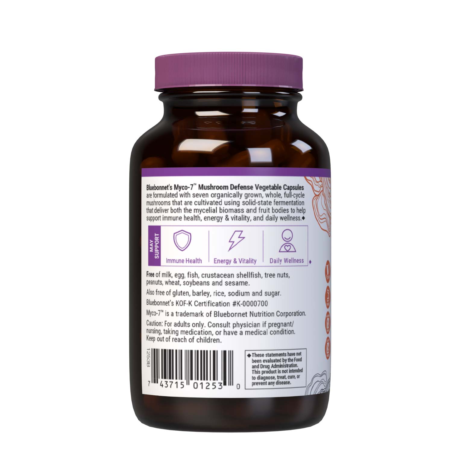 Bluebonnet’s Myco-7 Mushroom Defense Vegetable Capsules are formulated with seven organically grown, whole, full-cycle, mushrooms that are cultivated using solid state fermentation that deliver both the mycelial biomass and fruit bodies to help support immune health, energy & vitality, and daily wellness. Description panel. #size_60 count