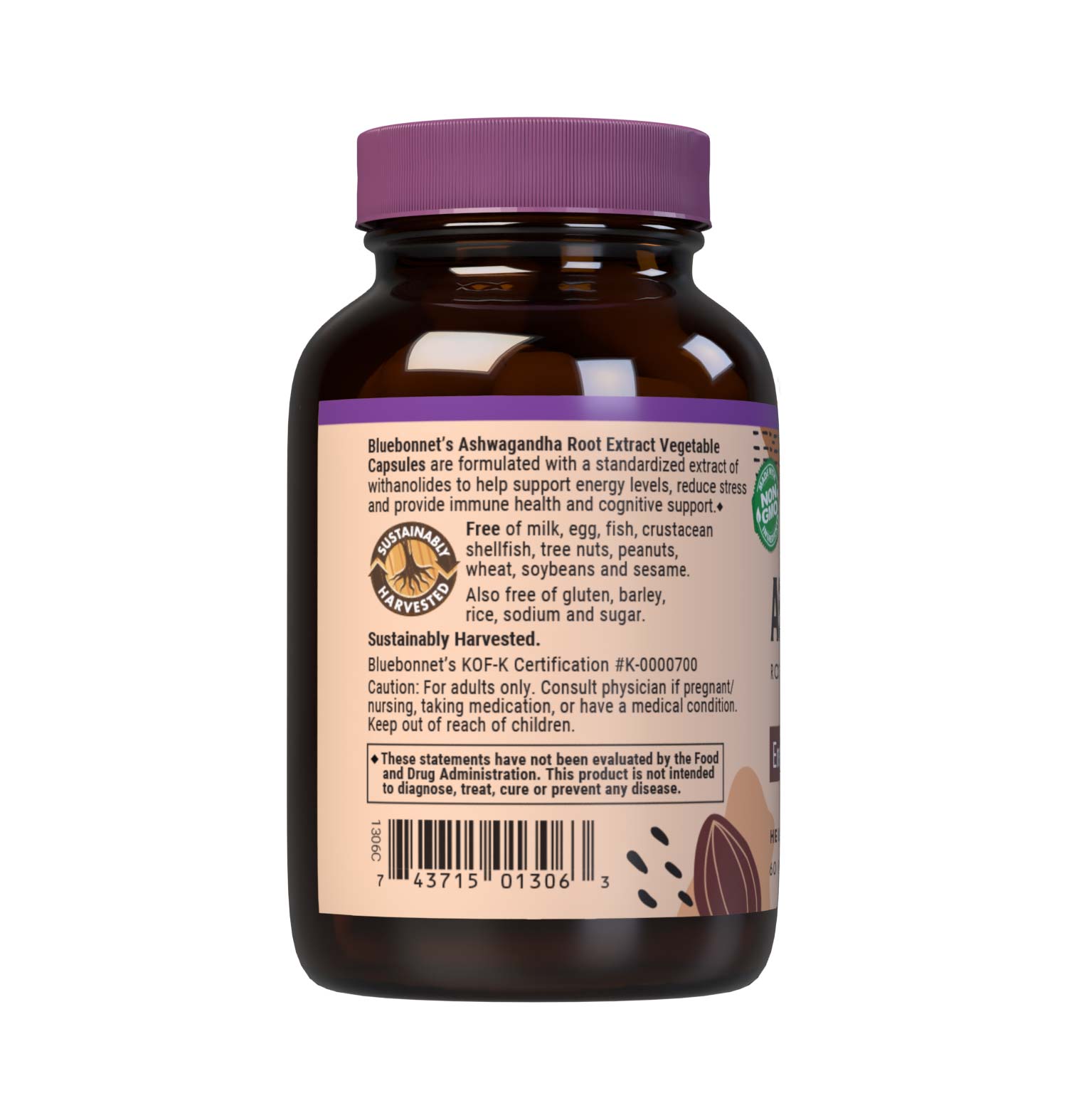Bluebonnet’s Ashwagandha Root Extract 60 Vegetable Capsules are specially formulated with a standardized extract of withanolides from sustainably harvested, non-GMO ashwagandha root using a clean and gentle water-based extraction method. As the most researched active constituent in this Ayurvedic adaptogenic herb, withanolides are known to promote healthy energy levels while reducing stress and providing immune and cognitive support. Description panel. #size_60 count
