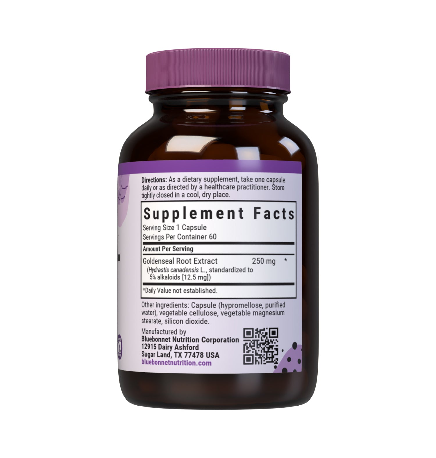 Bluebonnet’s Goldenseal Root Extract 60 Vegetable Capsules contain a standardized extract of alkaloids, the most researched active constituents found in goldenseal. A clean and gentle water-based extraction method is employed to capture and preserve goldenseal’s most valuable components. Supplement facts panel. #size_60 count