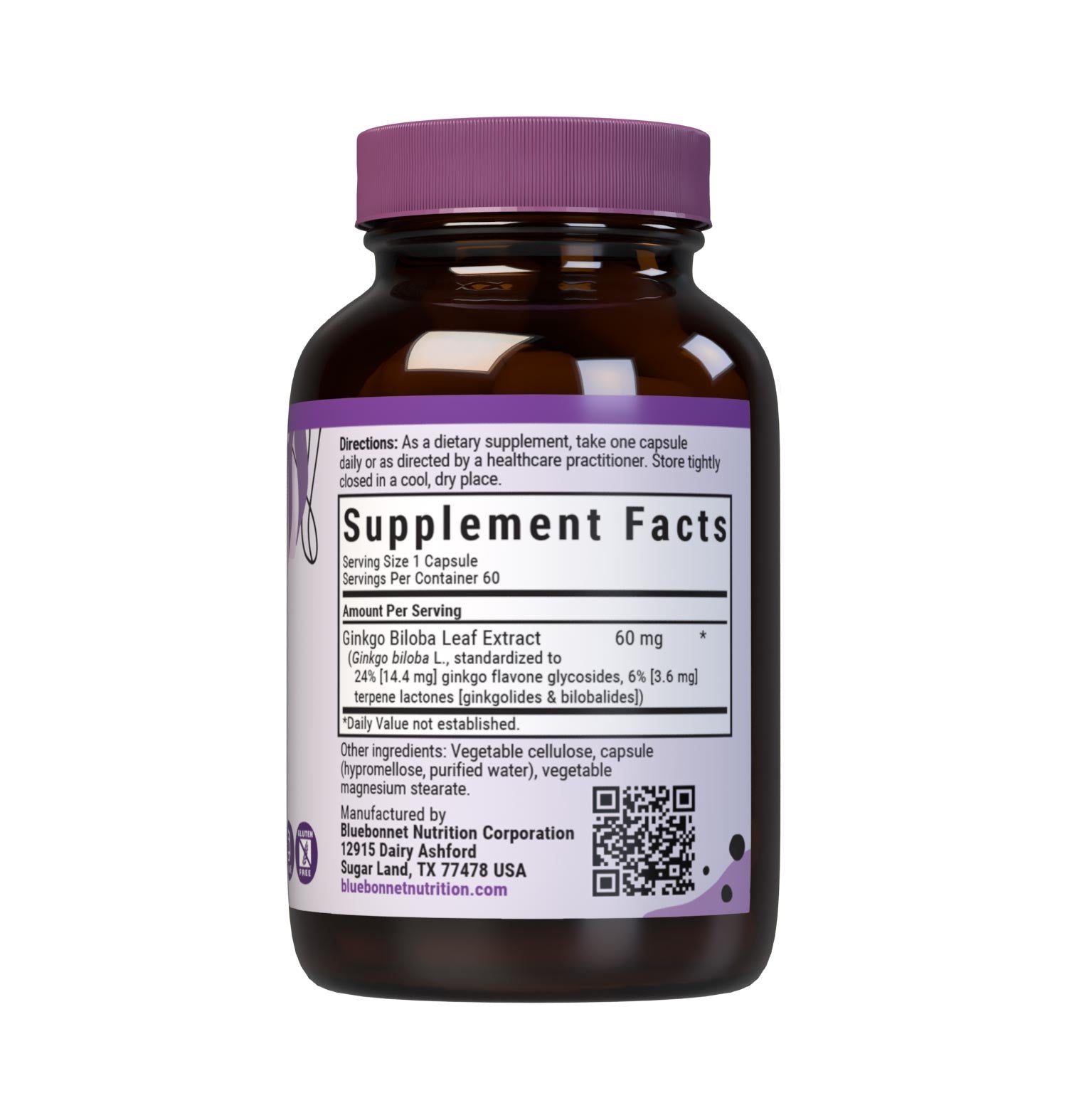 Bluebonnet’s Ginkgo Biloba Leaf Extract 60 Vegetable Capsules contain Ginkgoselect from Indena, a standardized extract of ginkgo flavoglycosides and terpene lactones, the most researched active constituents found in ginkgo biloba which may help support brain health and focus. A clean and gentle water-based extraction method is employed to capture and preserve ginkgo biloba’s most valuable components. Supplement facts panel. #size_60 count