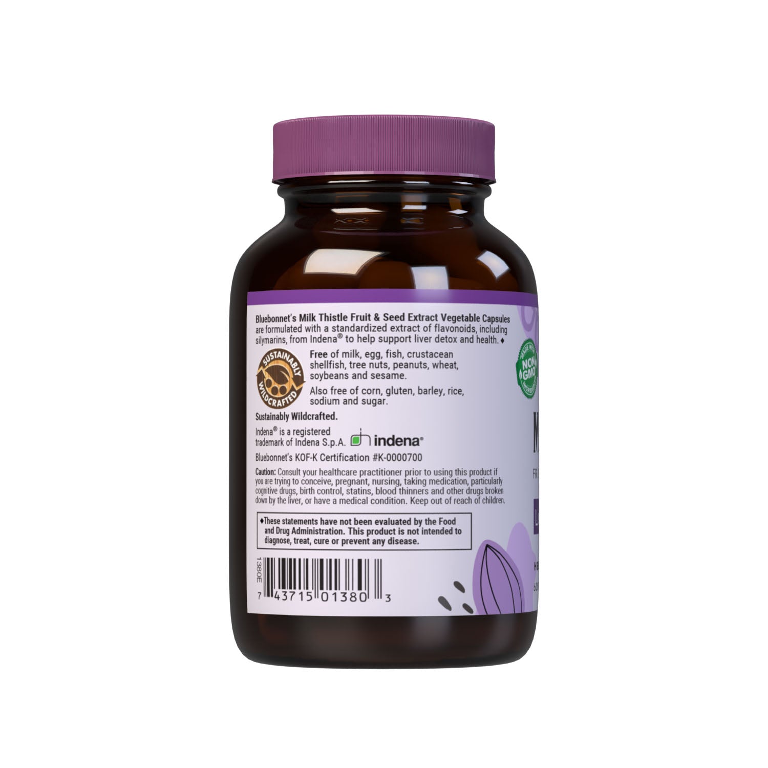 Bluebonnet’s Milk Thistle Fruit & Seed Extract 60 Vegetable Capsules contain a standardized extract from Indena of total flavonoids [including silymarins], the most researched active constituents found in milk thistle. A clean and gentle water-based extraction method is employed to capture and preserve milk thistle’s most valuable components. Description panel. #size_60 count