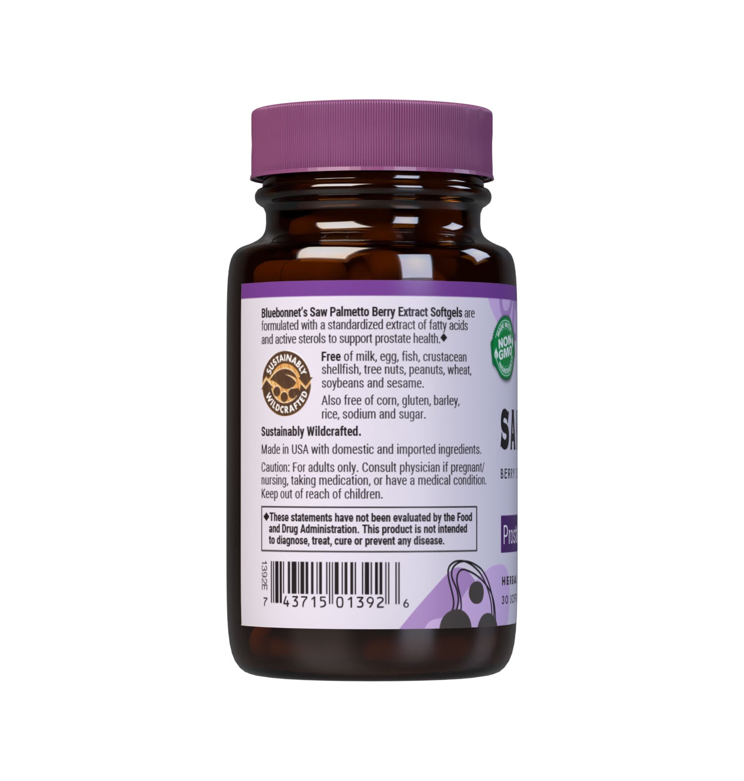 Bluebonnet’s Saw Palmetto Berry Extract 30 Softgels contain a standardized extract of fatty acids and active sterols, the most researched active constituents found in saw palmetto. A clean and gentle supercritical CO2 extraction method is employed to capture and preserve saw palmetto’s most valuable components. Description panel. #size_30 count