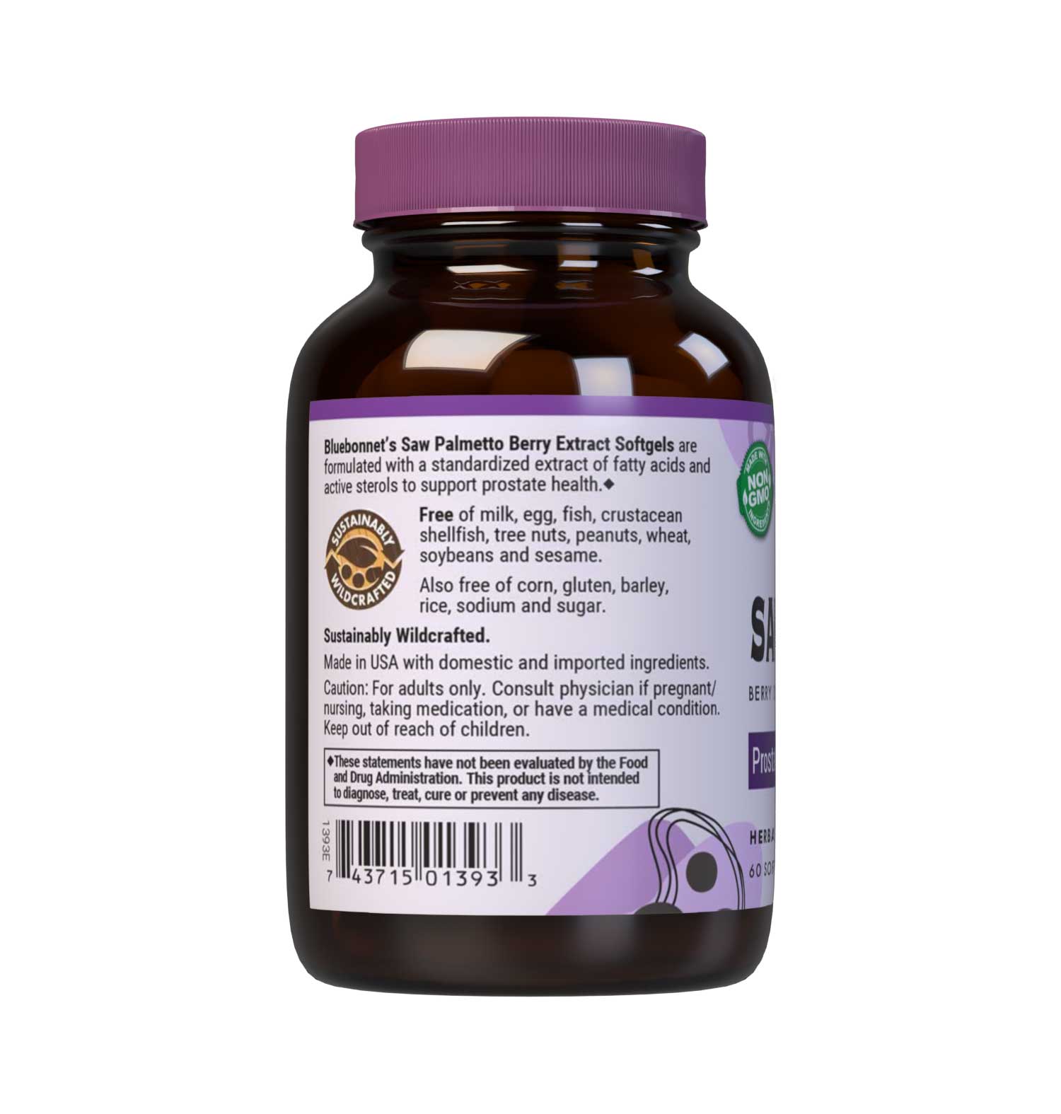 Bluebonnet’s Extra-Strength Saw Palmetto Berry Extract 60 Softgels contain a standardized extract of fatty acids and active sterols, the most researched active constituents found in saw palmetto. A clean and gentle supercritical CO2 extraction method is employed to capture and preserve saw palmetto’s most valuable components. Description panel. #size_60 count