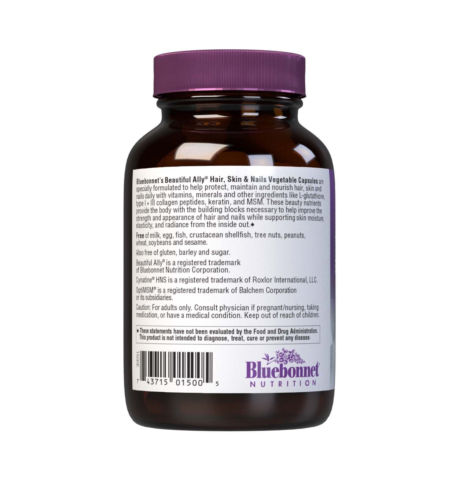 Bluebonnet’s Beautiful Ally Hair Skin & Nails 60 Vegetable Capsules are formulated to help protect, maintain and nourish hair, skin and nails daily with vitamins, minerals and other ingredients like L-glutathione, type I & III collagen peptides, keratin, and MSM. These nutrients provide the body with the building blocks necessary to help improve the strength and appearance of hair and nails while supporting skin moisture, elasticity, and radiance from the inside out. Description panel. #size_60 count