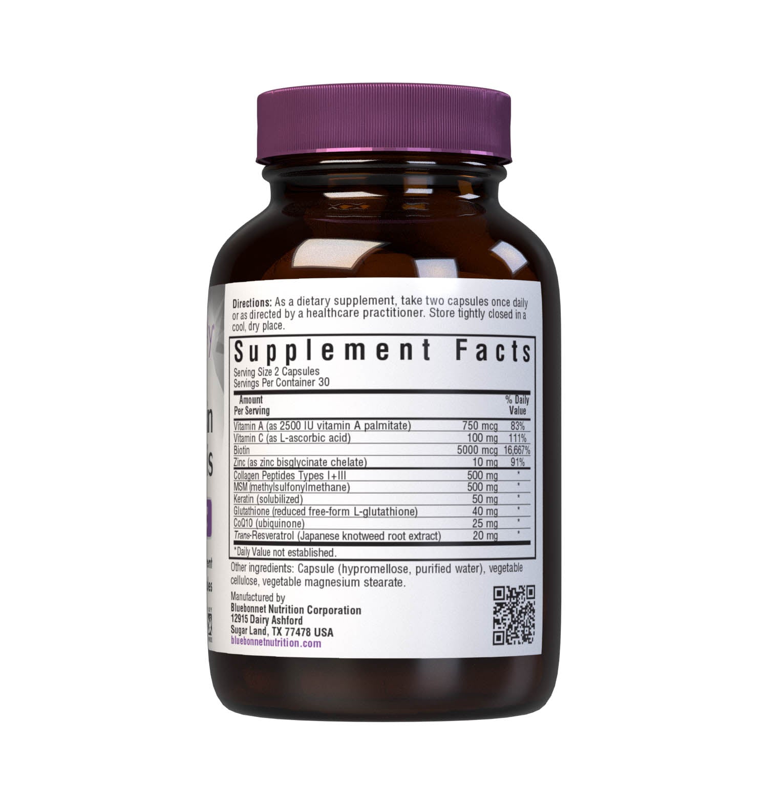 Bluebonnet’s Beautiful Ally Hair Skin & Nails 60 Vegetable Capsules are formulated to help protect, maintain and nourish hair, skin and nails daily with vitamins, minerals and other ingredients like L-glutathione, type I & III collagen peptides, keratin, and MSM. These nutrients provide the body with the building blocks necessary to help improve the strength and appearance of hair and nails while supporting skin moisture, elasticity, and radiance from the inside out. Supplement facts panel. #size_60 count