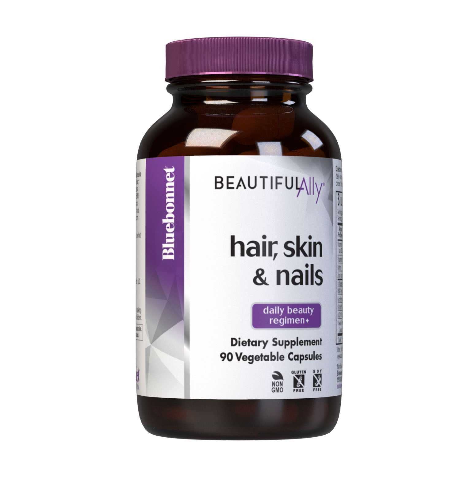 Bluebonnet’s Beautiful Ally Hair Skin & Nails 90 Vegetable Capsules are formulated to help protect, maintain and nourish hair, skin and nails daily with vitamins, minerals and other ingredients like L-glutathione, type I & III collagen peptides, keratin, and MSM. These nutrients provide the body with the building blocks necessary to help improve the strength and appearance of hair and nails while supporting skin moisture, elasticity, and radiance from the inside out. #size_90 count