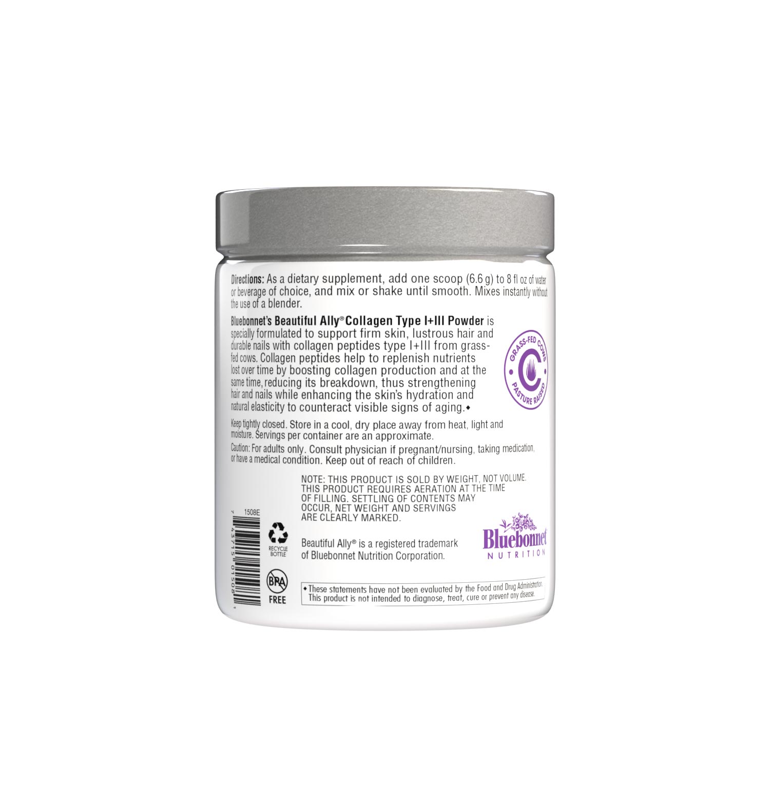 Bluebonnet’s Beautiful Ally Collagen 6.6 g Type I+III Powder is specially formulated to help support skin, hair and nails with collagen peptides type I+III from grass-fed cows. Collagen peptides help to replenish nutrients lost over time by boosting collagen production, which helps to strengthen hair and nails while supporting the skin’s hydration balance and elasticity to counteract visible signs of aging. Description panel. #size_6.9 oz