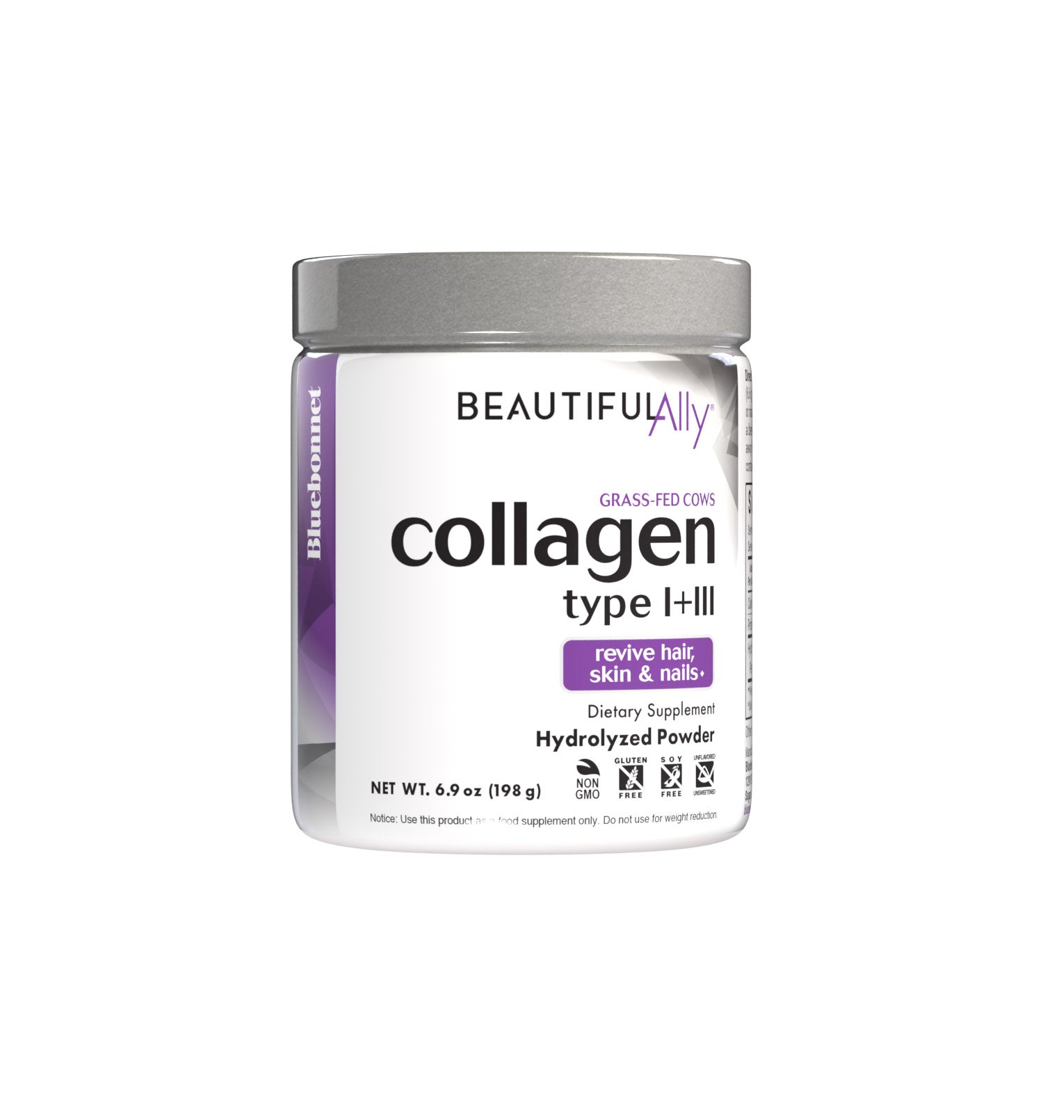 Bluebonnet’s Beautiful Ally Collagen 6.6 g Type I+III Powder is specially formulated to help support skin, hair and nails with collagen peptides type I+III from grass-fed cows. Collagen peptides help to replenish nutrients lost over time by boosting collagen production, which helps to strengthen hair and nails while supporting the skin’s hydration balance and elasticity to counteract visible signs of aging. #size_6.9 oz
