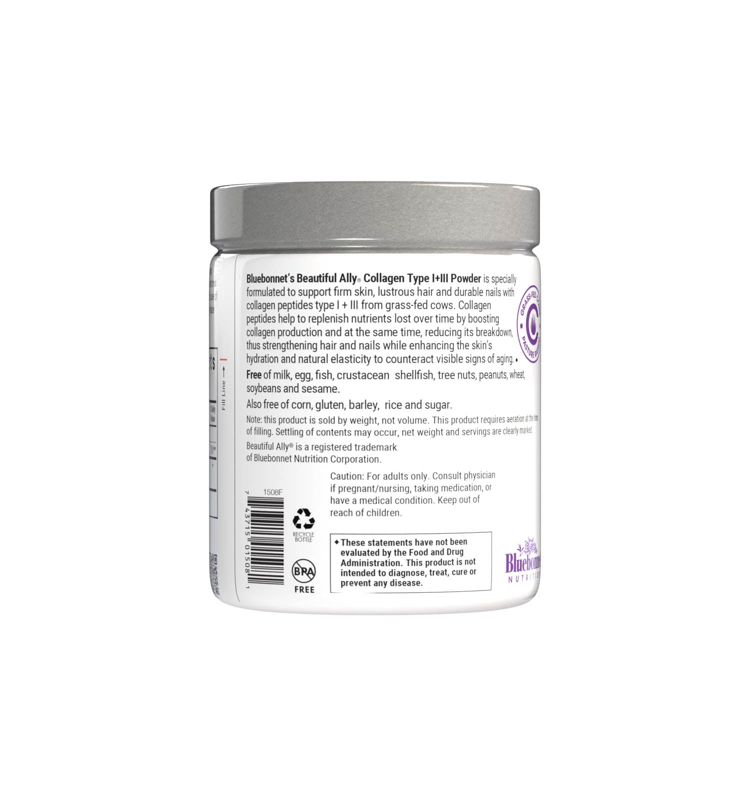 Bluebonnet’s Beautiful Ally Collagen 6.6 g Type I+III Powder is specially formulated to help support skin, hair and nails with collagen peptides type I+III from grass-fed cows. Collagen peptides help to replenish nutrients lost over time by boosting collagen production, which helps to strengthen hair and nails while supporting the skin’s hydration balance and elasticity to counteract visible signs of aging. Description panel. #size_6.9 oz