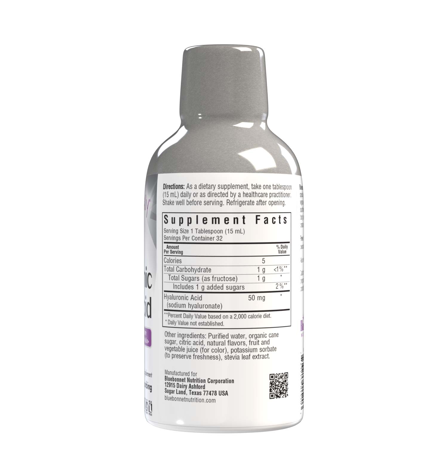 Bluebonnet’s Beautiful Ally Liquid Hyaluronic Acid is specially formulated to increase skin hydration and repair with vegan-sourced hyaluronic acid in a base of non-GMO sunflower oil. Hyaluronic acid is precent in every tissue of the body, serving as a cushion and lubricant within the skin to create a more supple, luminescent, youthful appearance. Supplement facts panel. #size_16 fl oz