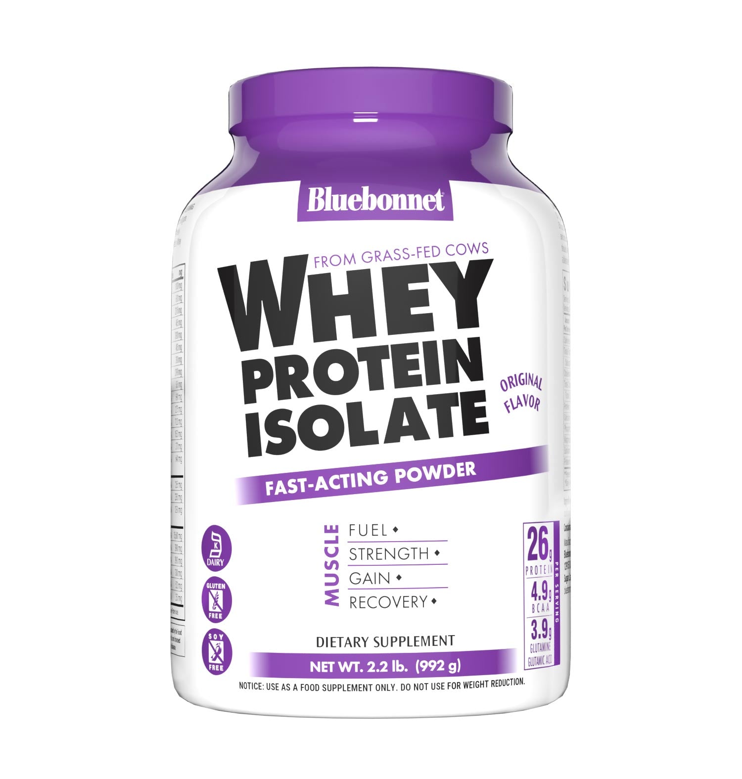 Bluebonnet's Whey Protein Isolate Powder. Original flavor. 26 g of protein, 4.9 g BCAA and 3.9 g Glutamine Glutamic Acid per serving. #size_2.2 lb