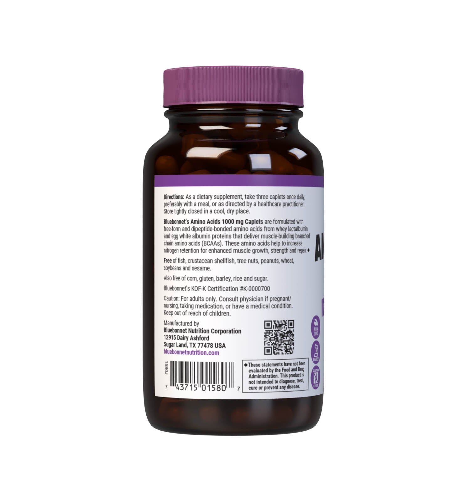 Bluebonnet’s Amino Acids 1000 mg 90 Caplets are formulated with free-form and dipeptide-bonded, amino acids from whey lactalbumin and egg white albumin proteins that are rich in muscle-building branched chain amino acids (BCAAs). These amino acids help to increase nitrogen retention for enhanced muscle growth, strength and repair. Description panel. #size_90 count