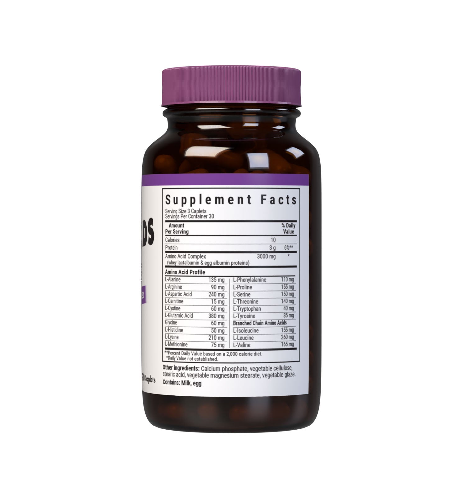 Bluebonnet’s Amino Acids 1000 mg 90 Caplets are formulated with free-form and dipeptide-bonded, amino acids from whey lactalbumin and egg white albumin proteins that are rich in muscle-building branched chain amino acids (BCAAs). These amino acids help to increase nitrogen retention for enhanced muscle growth, strength and repair. Supplement facts panel. #size_90 count