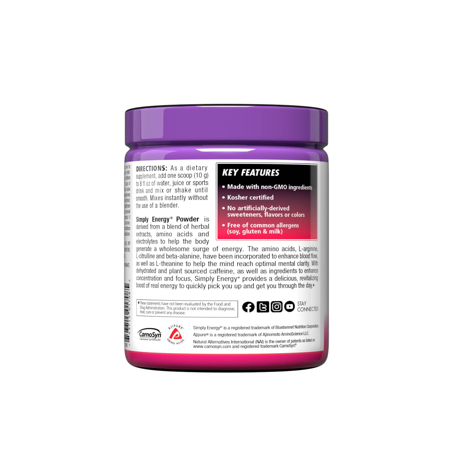 Simply Energy Powder is derived from a blend of herbal extracts, amino acids and electrolytes to help the body generate a wholesome surge of energy. The amino acids, L-arginine, L-citrulline and beta-alanine, have been incorporated to enhance blood flow, as well as theanine to help the mind reach optimal mental clarity. Description panel. #size_10.58 oz