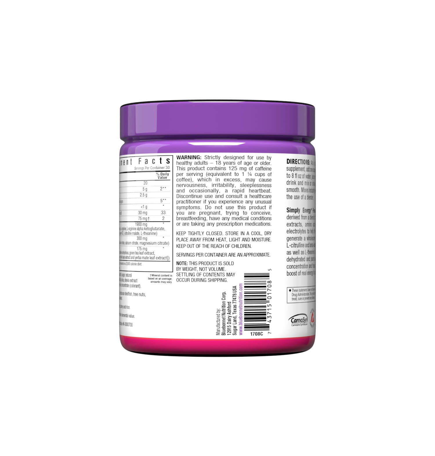 Simply Energy Powder is derived from a blend of herbal extracts, amino acids and electrolytes to help the body generate a wholesome surge of energy. The amino acids, L-arginine, L-citrulline and beta-alanine, have been incorporated to enhance blood flow, as well as theanine to help the mind reach optimal mental clarity. Supplement facts panel. #size_10.58 oz