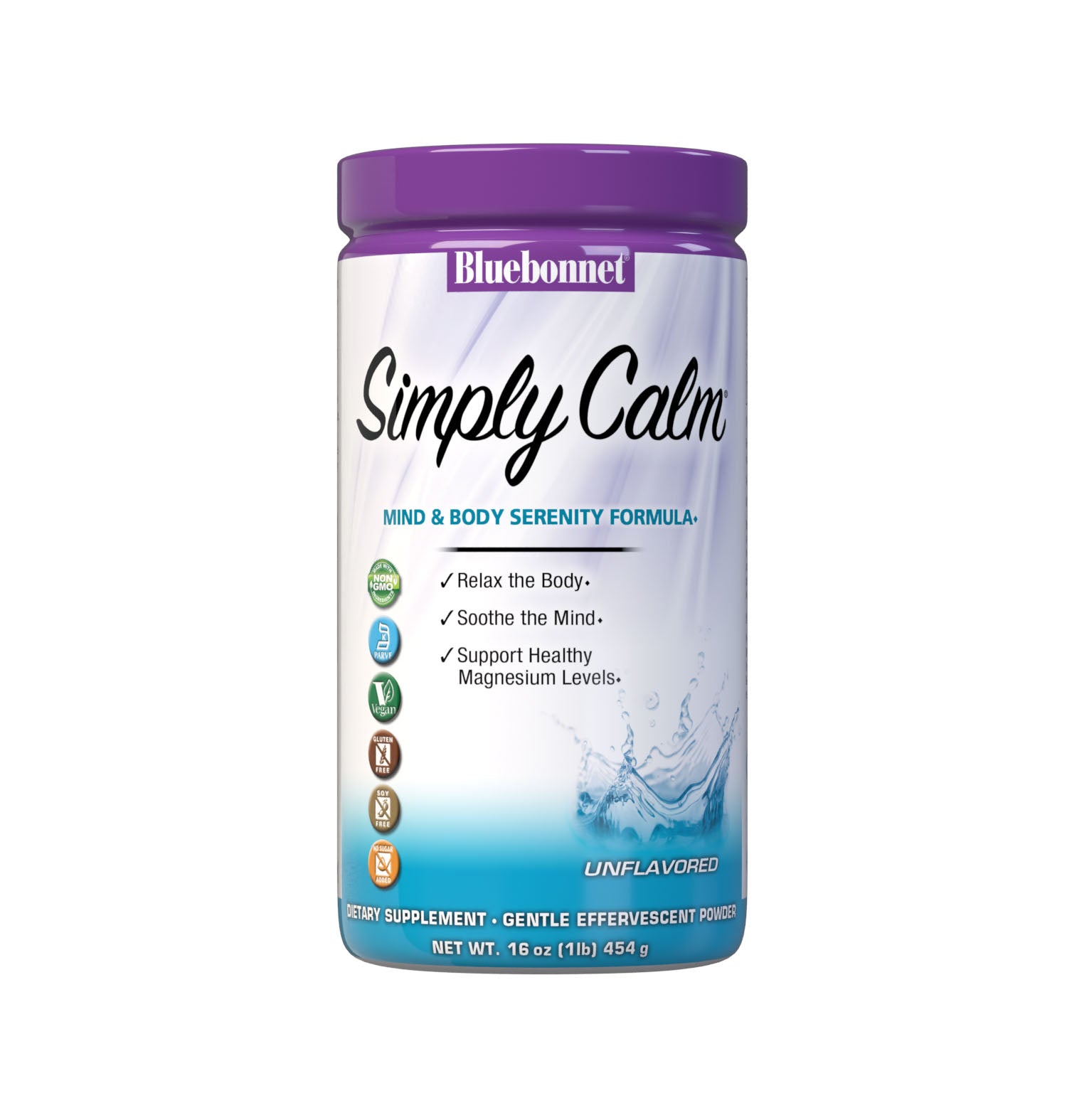 Bluebonnet's Simply Calm Unflavored Powder is a special, water-soluble blend of magnesium carbonate/ citrate for occasional sleeplessness, stress, as well as bone and immune support. Magnesium is an essential mineral required in over 300 biochemical reactions in the body and known for its ability to help the mind and body ease into a state of calm... simply. #size_16 oz