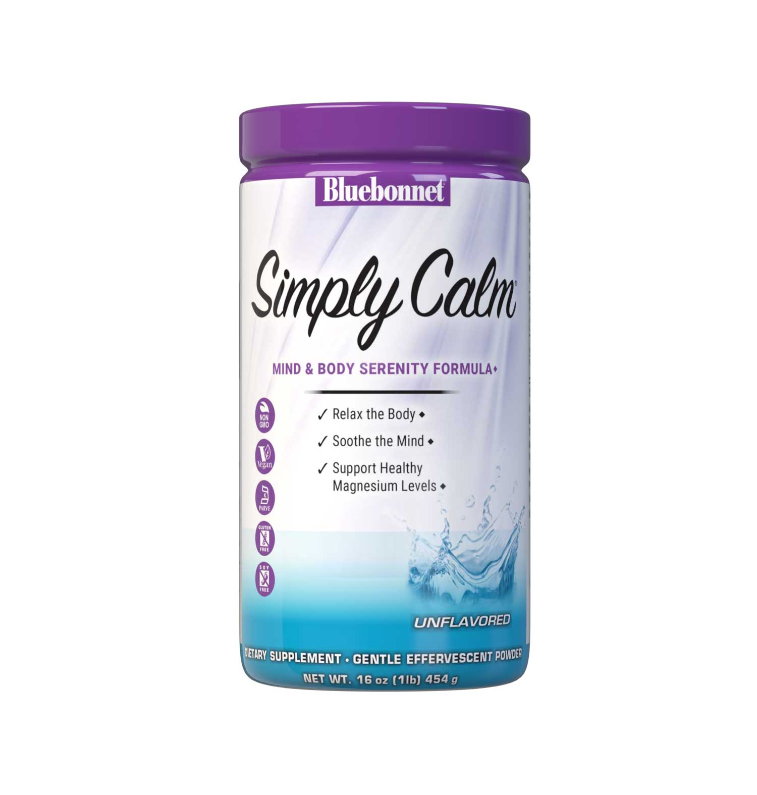 Bluebonnet's Simply Calm Unflavored Powder is a special, water-soluble blend of magnesium carbonate/ citrate for occasional sleeplessness, stress, as well as bone and immune support. Magnesium is an essential mineral required in over 300 biochemical reactions in the body and known for its ability to help the mind and body ease into a state of calm... simply. #size_16 oz
