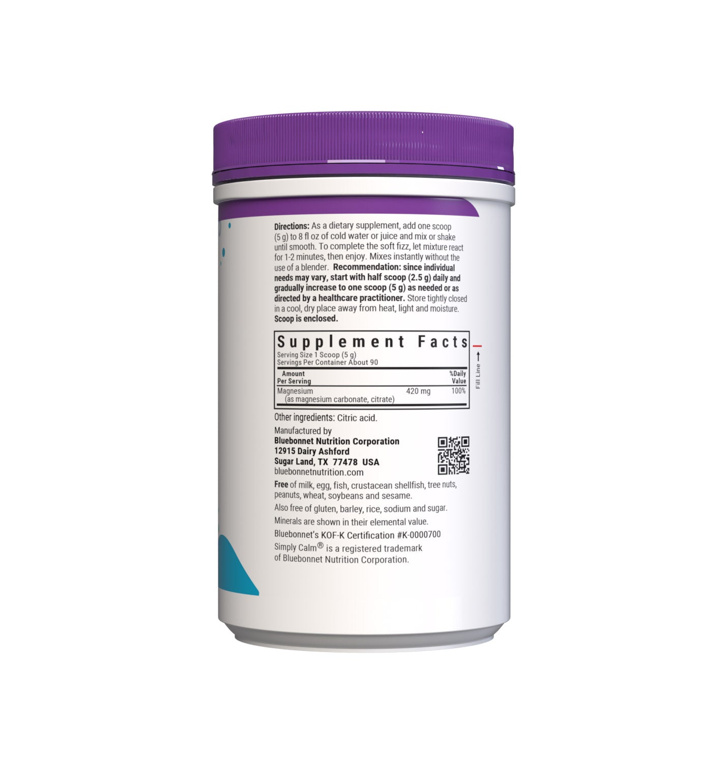 Bluebonnet's Simply Calm Unflavored Powder is a special, water-soluble blend of magnesium carbonate/ citrate for occasional sleeplessness, stress, as well as bone and immune support. Magnesium is an essential mineral required in over 300 biochemical reactions in the body and known for its ability to help the mind and body ease into a state of calm... simply. Supplement facts panel. #size_16 oz
