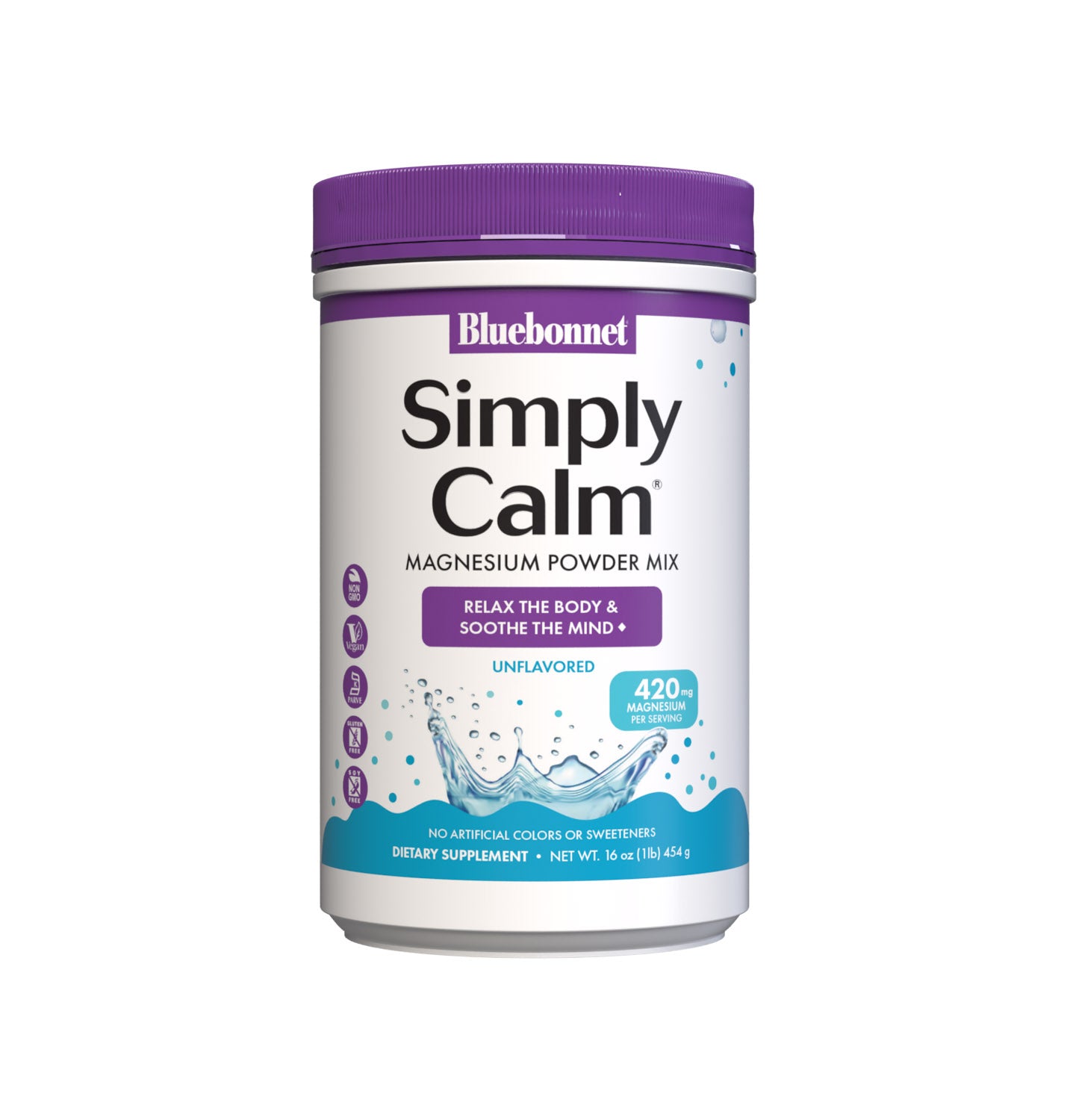 Bluebonnet's Simply Calm Unflavored Powder is a special, water-soluble blend of magnesium carbonate/ citrate for occasional sleeplessness, stress, as well as bone and immune support. Magnesium is an essential mineral required in over 300 biochemical reactions in the body and known for its ability to help the mind and body ease into a state of calm... simply. #size_16 oz
