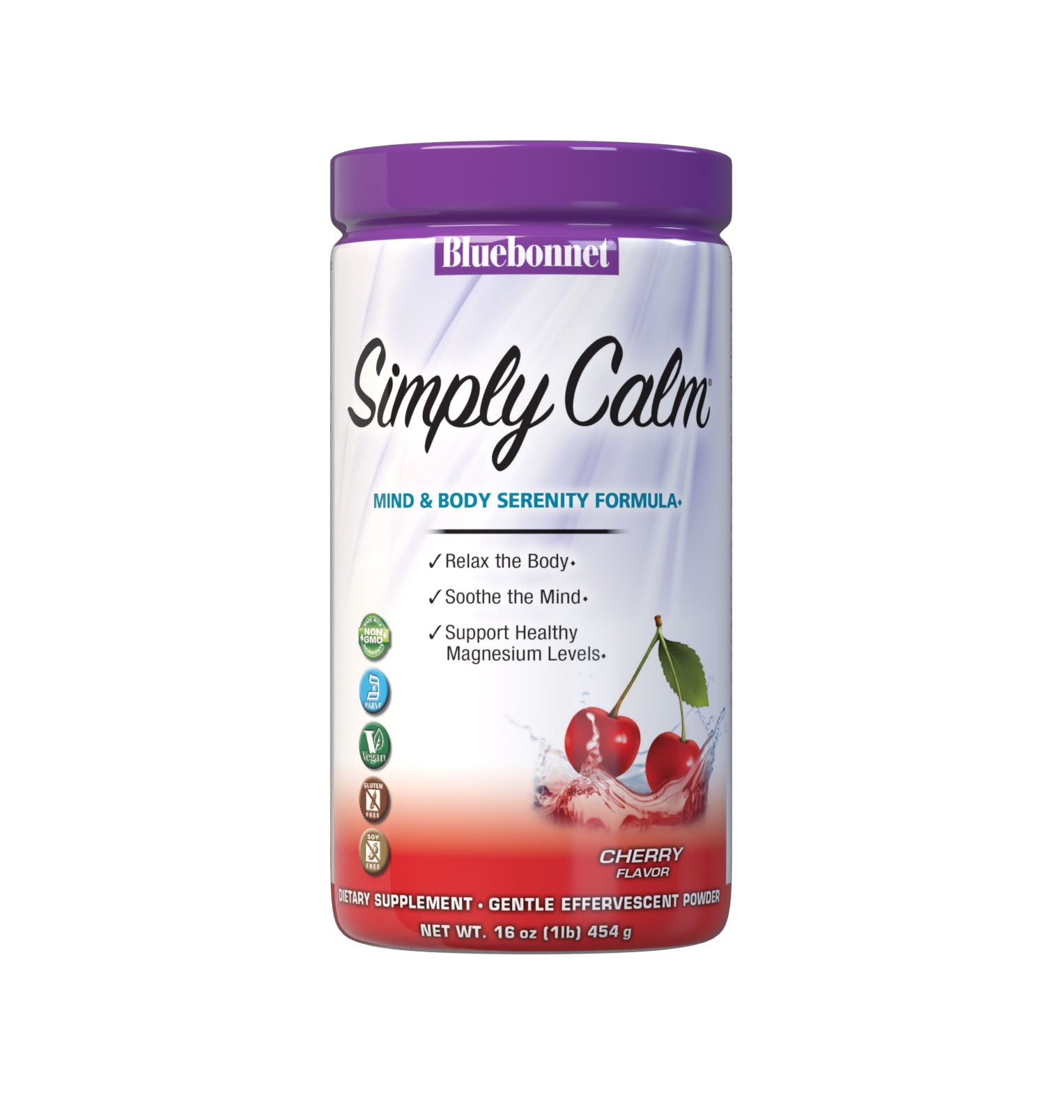 Bluebonnet's Simply Calm Cherry flavor Powder is a special, water-soluble blend of magnesium carbonate/ citrate for occasional sleeplessness, stress, as well as bone and immune support. Magnesium is an essential mineral required in over 300 biochemical reactions in the body and known for its ability to help the mind and body ease into a state of calm... simply. #size_16 oz