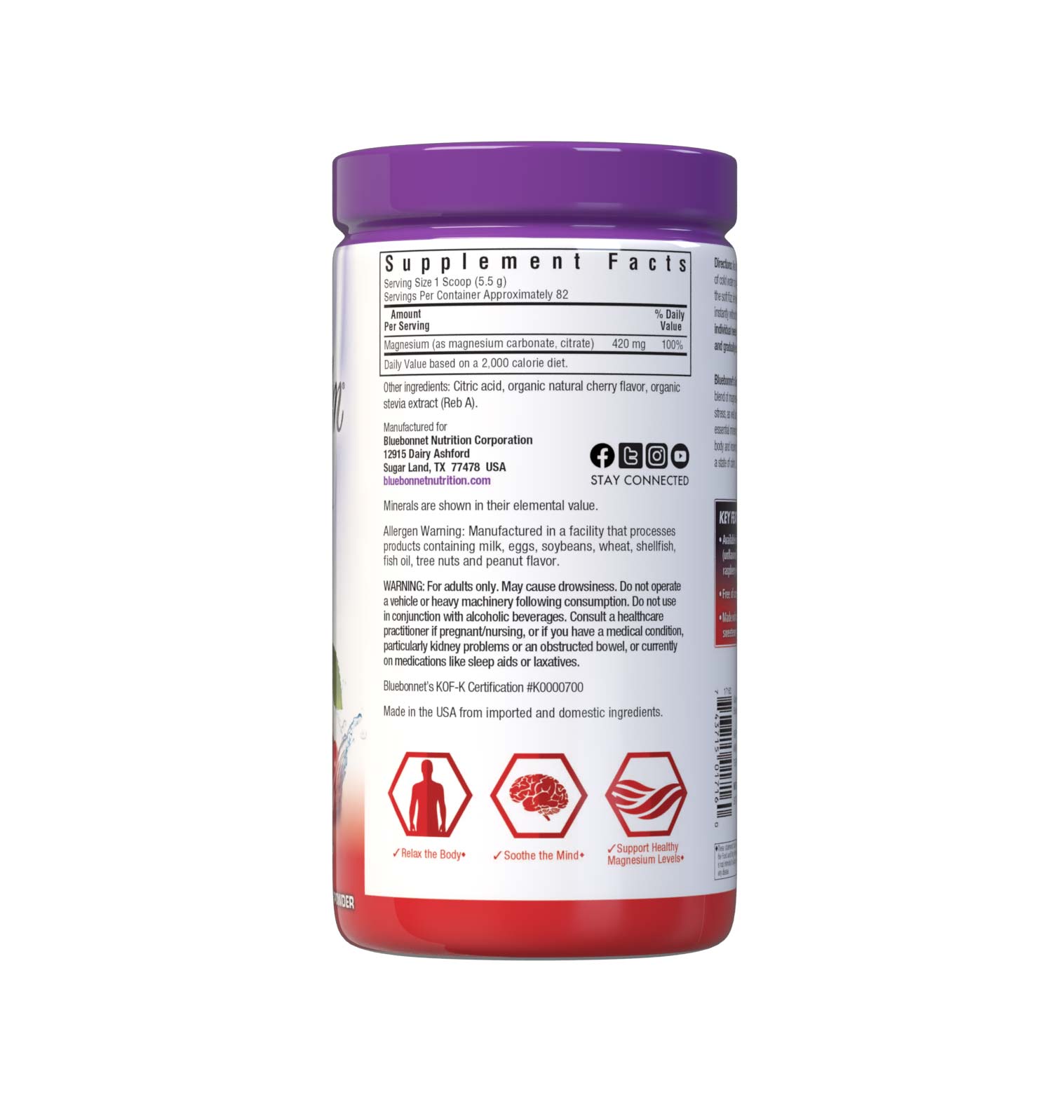 Bluebonnet's Simply Calm Cherry flavor Powder is a special, water-soluble blend of magnesium carbonate/ citrate for occasional sleeplessness, stress, as well as bone and immune support. Magnesium is an essential mineral required in over 300 biochemical reactions in the body and known for its ability to help the mind and body ease into a state of calm... simply. Supplement facts panel. #size_16 oz