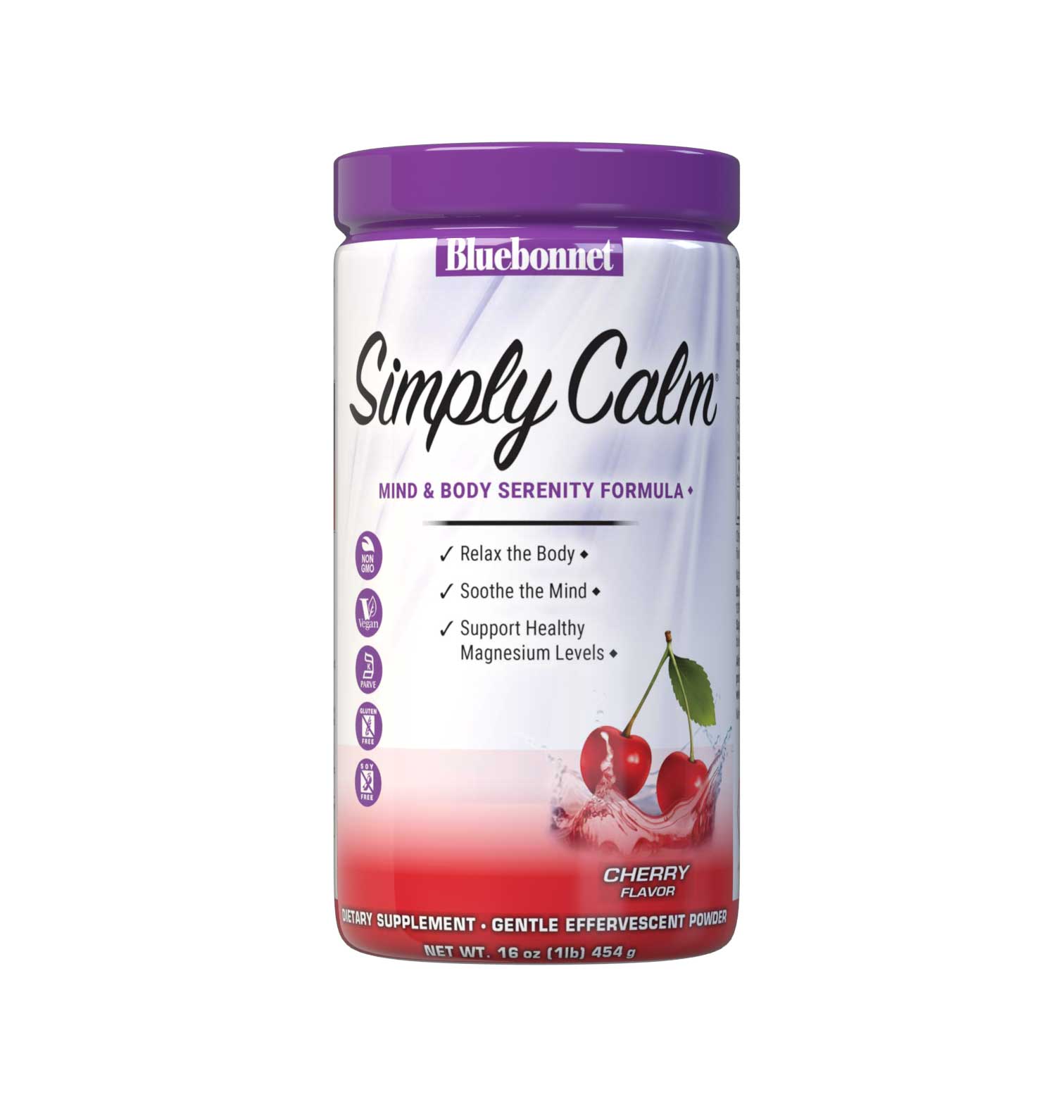 Bluebonnet's Simply Calm Cherry flavor Powder is a special, water-soluble blend of magnesium carbonate/ citrate for occasional sleeplessness, stress, as well as bone and immune support. Magnesium is an essential mineral required in over 300 biochemical reactions in the body and known for its ability to help the mind and body ease into a state of calm... simply. #size_16 oz