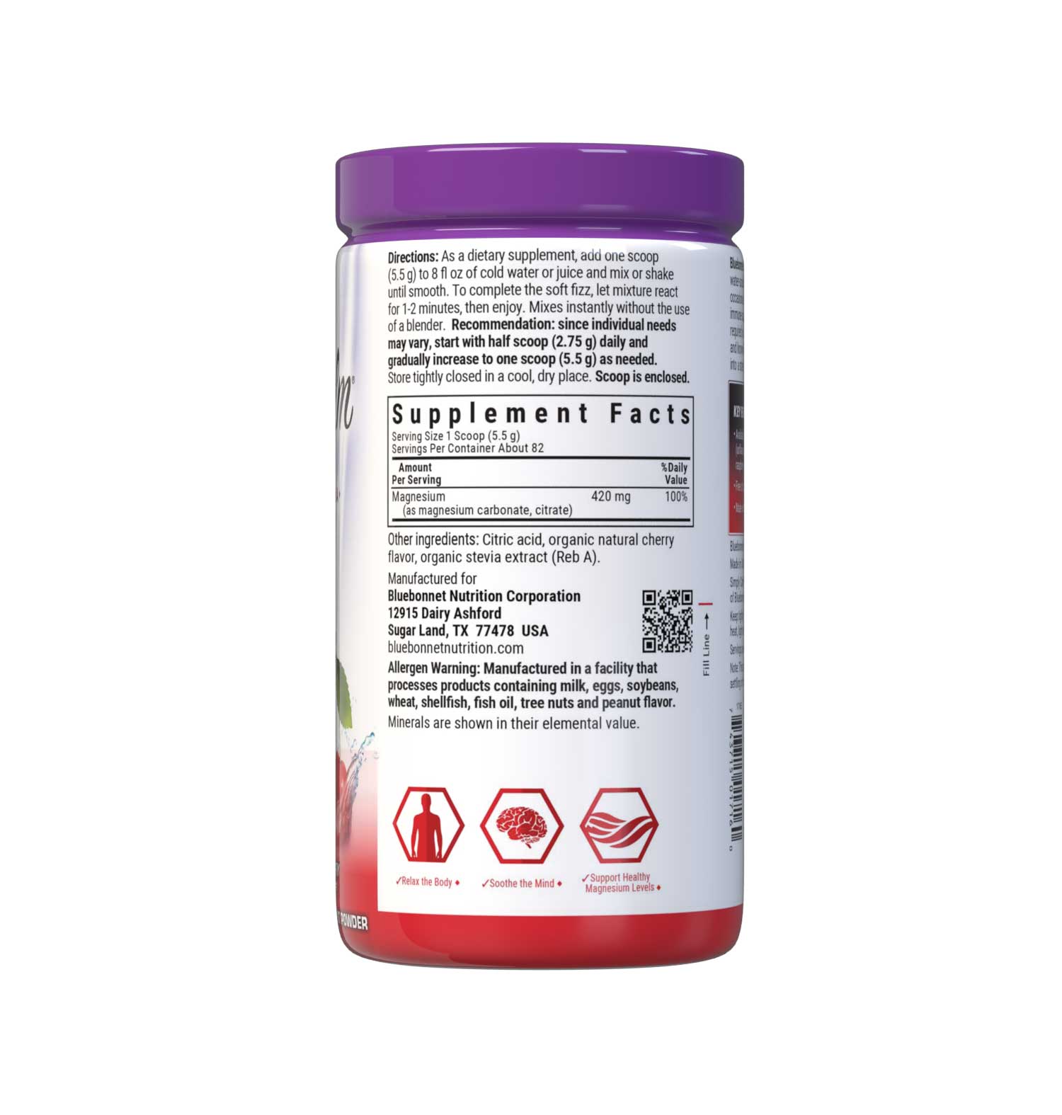 Bluebonnet's Simply Calm Cherry flavor Powder is a special, water-soluble blend of magnesium carbonate/ citrate for occasional sleeplessness, stress, as well as bone and immune support. Magnesium is an essential mineral required in over 300 biochemical reactions in the body and known for its ability to help the mind and body ease into a state of calm... simply. Supplement facts panel. #size_16 oz
