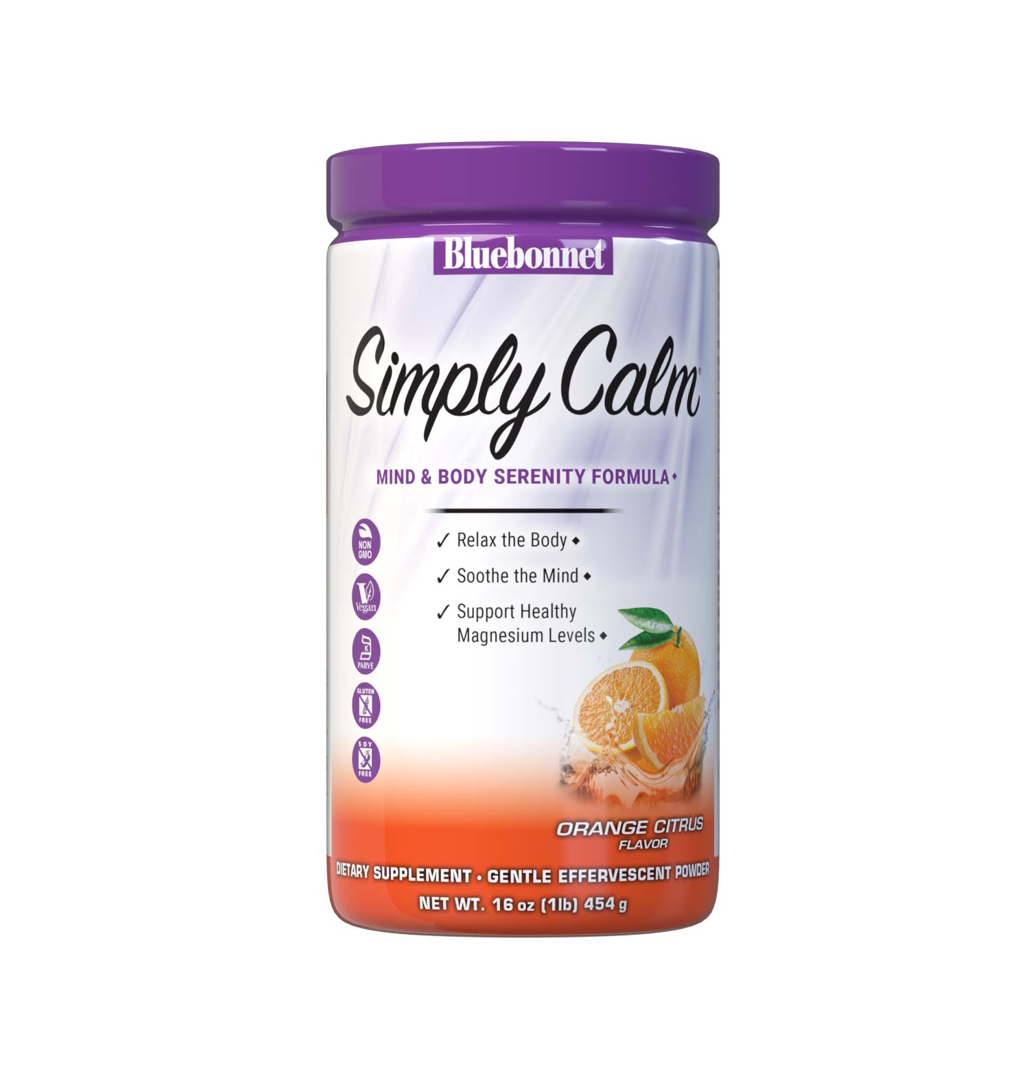 Bluebonnet's Simply Calm Orange flavor Powder is a special, water-soluble blend of magnesium carbonate/ citrate for occasional sleeplessness, stress, as well as bone and immune support. Magnesium is an essential mineral required in over 300 biochemical reactions in the body and known for its ability to help the mind and body ease into a state of calm... simply. #size_16 oz