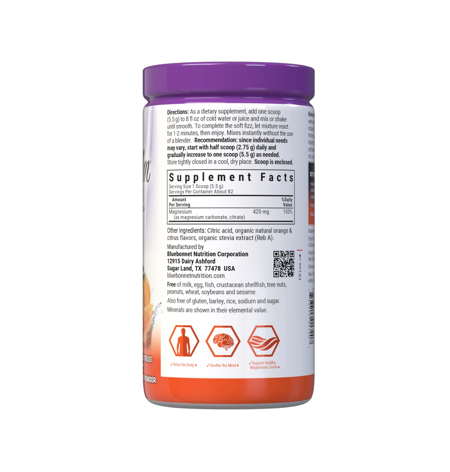 Bluebonnet's Simply Calm Orange flavor Powder is a special, water-soluble blend of magnesium carbonate/ citrate for occasional sleeplessness, stress, as well as bone and immune support. Magnesium is an essential mineral required in over 300 biochemical reactions in the body and known for its ability to help the mind and body ease into a state of calm... simply. Supplement facts panel. #size_16 oz