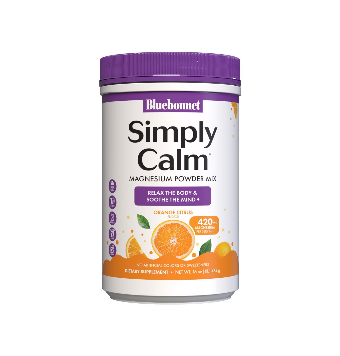 Bluebonnet's Simply Calm Orange flavor Powder is a special, water-soluble blend of magnesium carbonate/ citrate for occasional sleeplessness, stress, as well as bone and immune support. Magnesium is an essential mineral required in over 300 biochemical reactions in the body and known for its ability to help the mind and body ease into a state of calm... simply. #size_16 oz