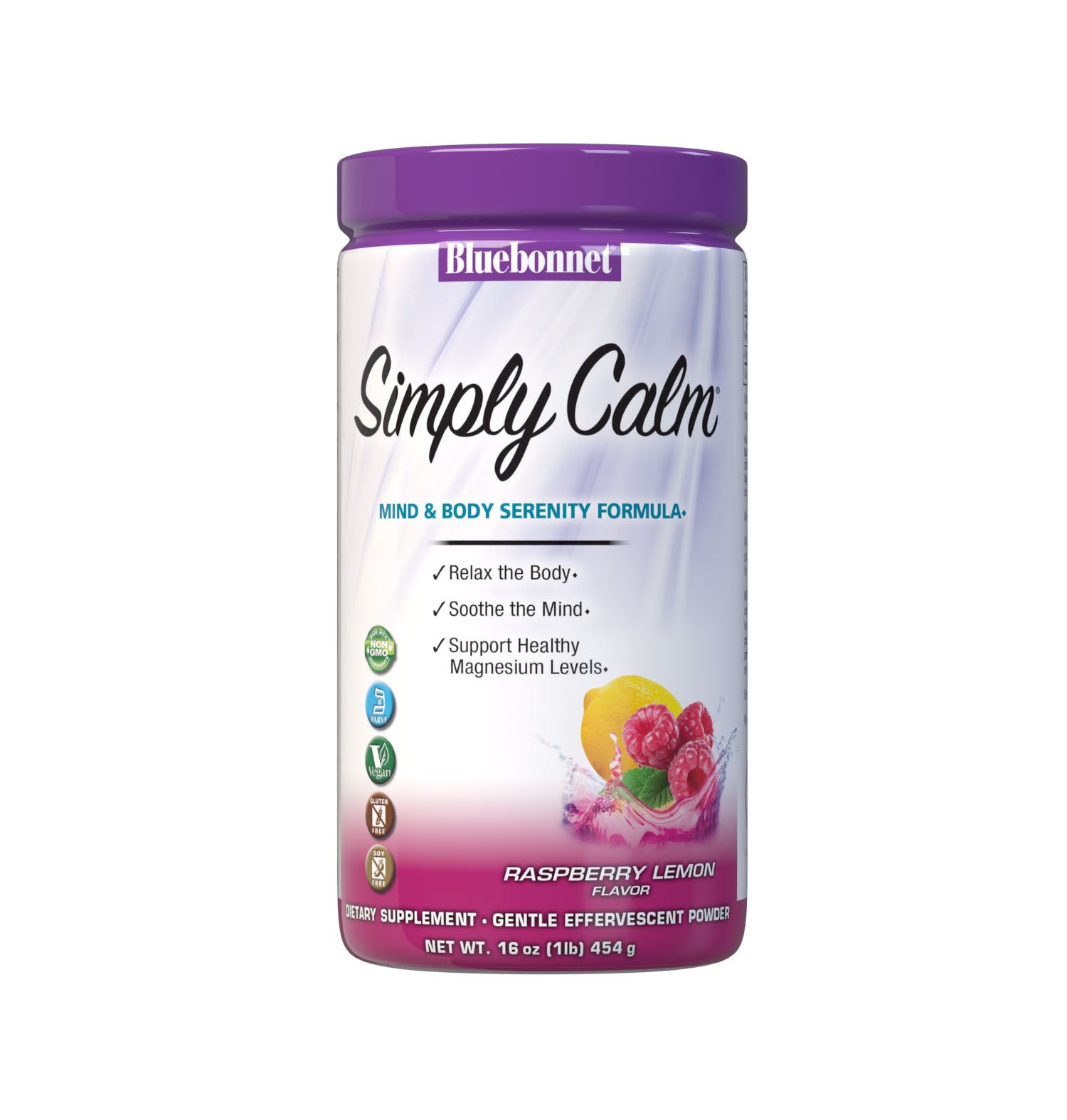 Bluebonnet's Simply Calm Raspberry Lemon flavor Powder is a special, water-soluble blend of magnesium carbonate/citrate for occasional sleeplessness, stress, as well as bone and immune support. Magnesium is an essential mineral required in over 300 biochemical reactions in the body and known for its ability to help the mind and body ease into a state of calm... simply. #size_16 oz