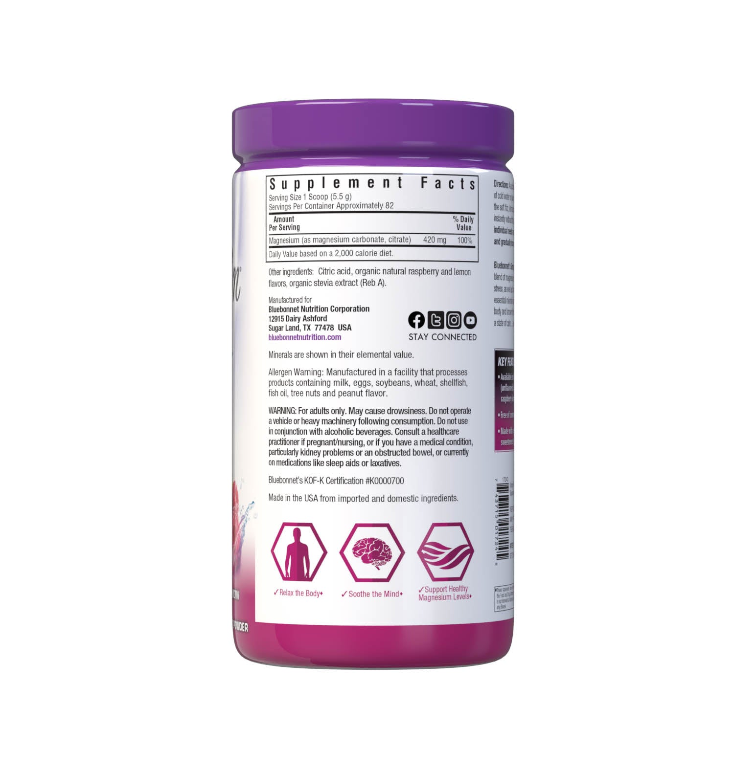 Bluebonnet's Simply Calm Raspberry Lemon flavor Powder is a special, water-soluble blend of magnesium carbonate/citrate for occasional sleeplessness, stress, as well as bone and immune support. Magnesium is an essential mineral required in over 300 biochemical reactions in the body and known for its ability to help the mind and body ease into a state of calm... simply. Supplement facts panel. #size_16 oz